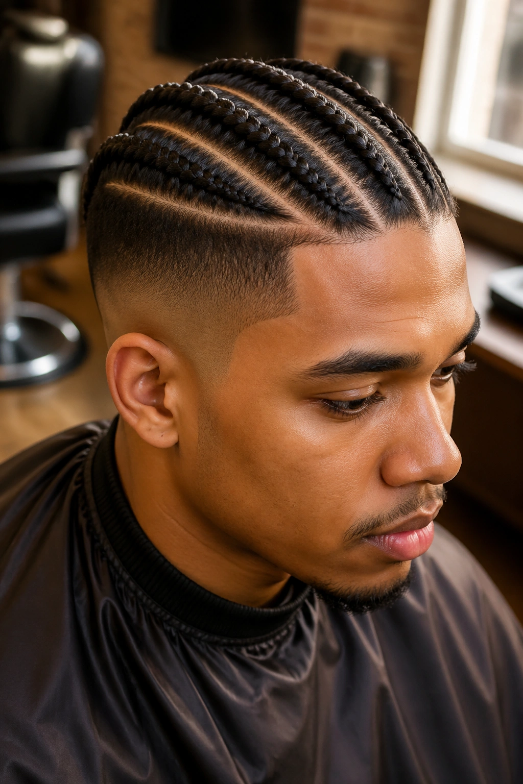 Close-up of a real person with tapered cornrows on a tapered cut, long top braids and shaved sides