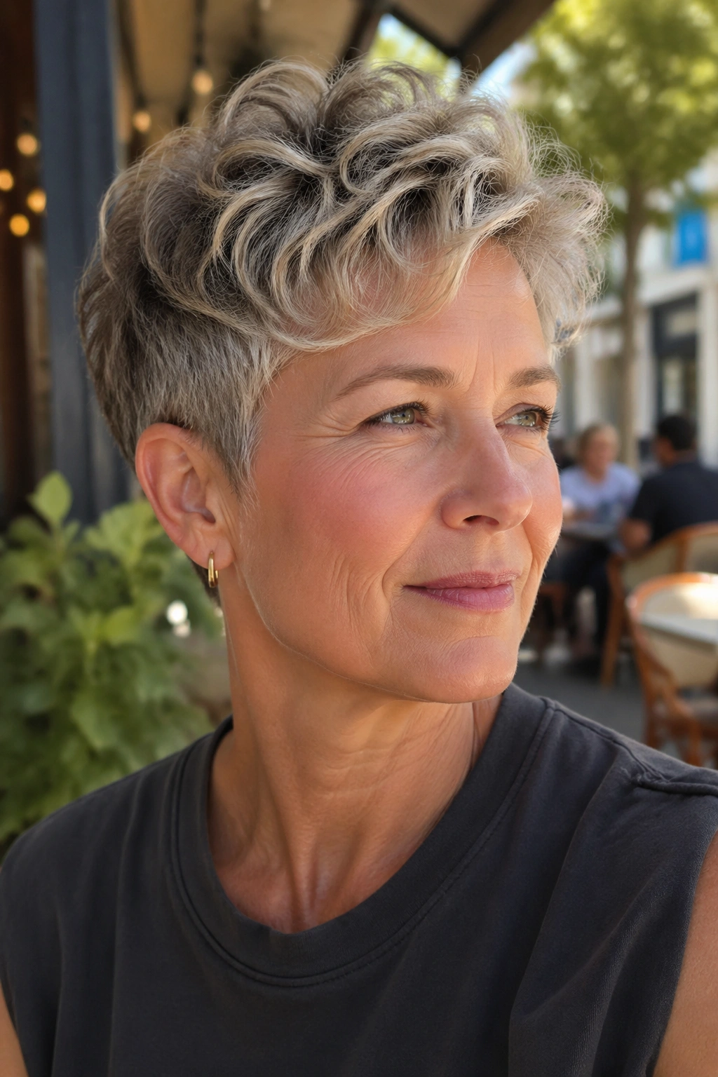 Close-up of a real woman with a short tapered crop and wavy top