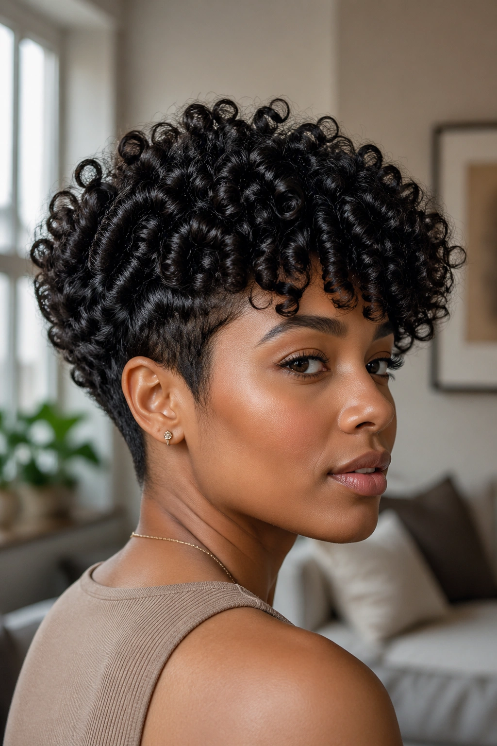 Close-up of a real woman with tapered curly bob on natural hair, window light