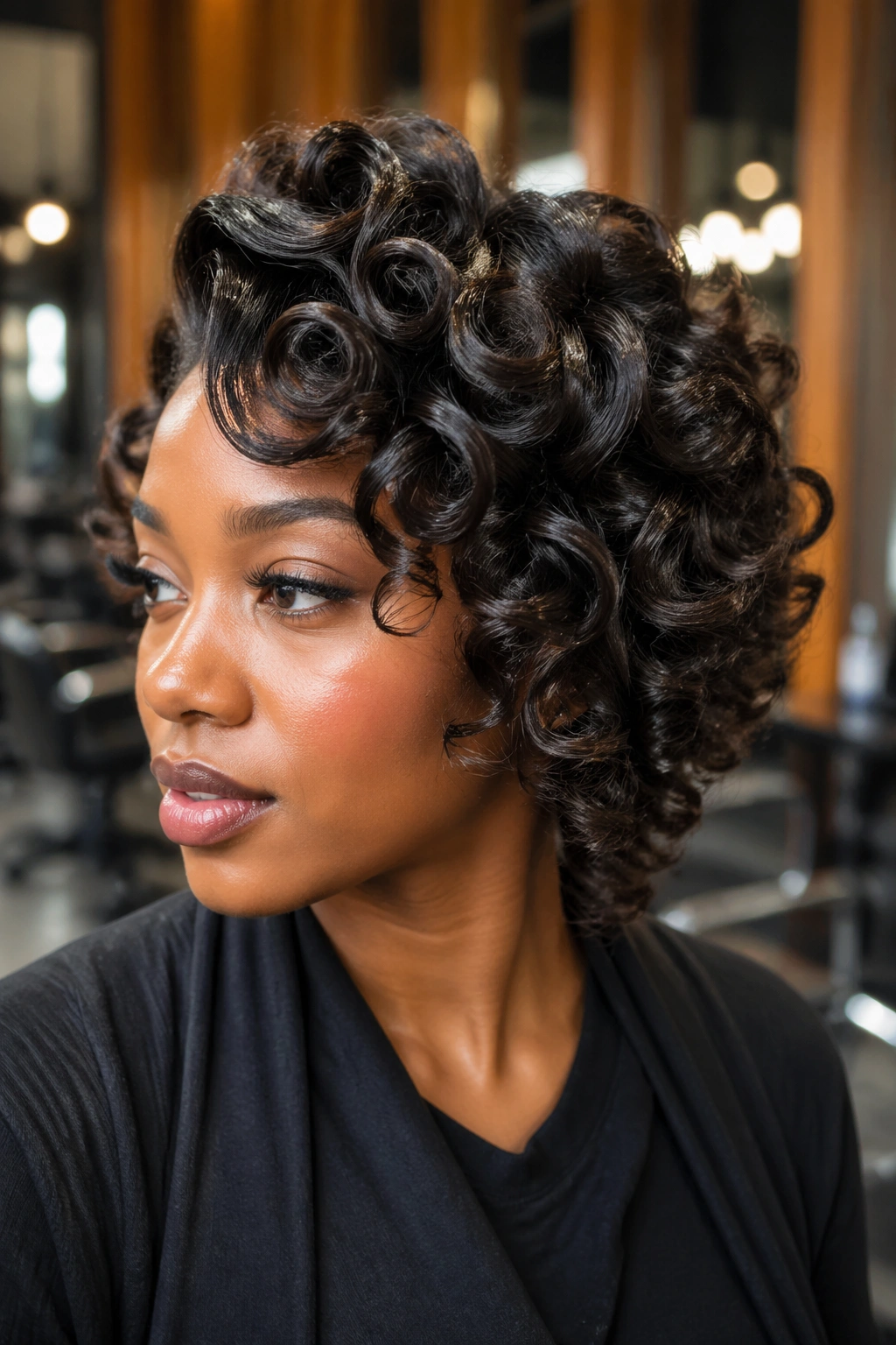 Close-up of a real woman with tapered end pin curls on silk-pressed hair