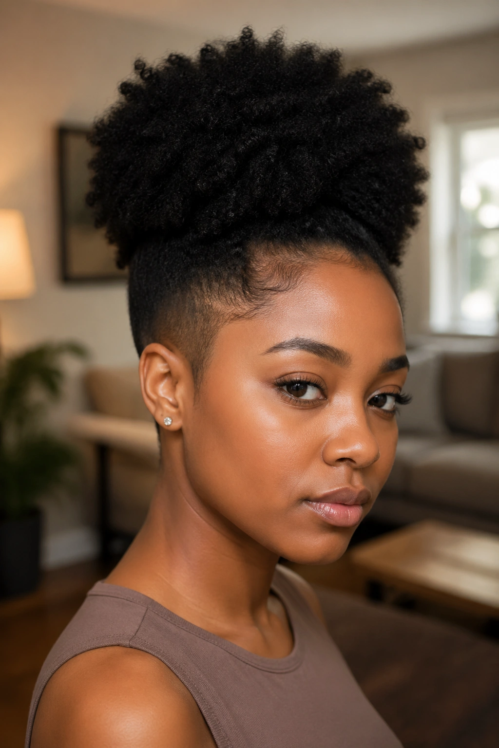 Close-up of a real person with tapered sides puff hairstyle in a warm living room