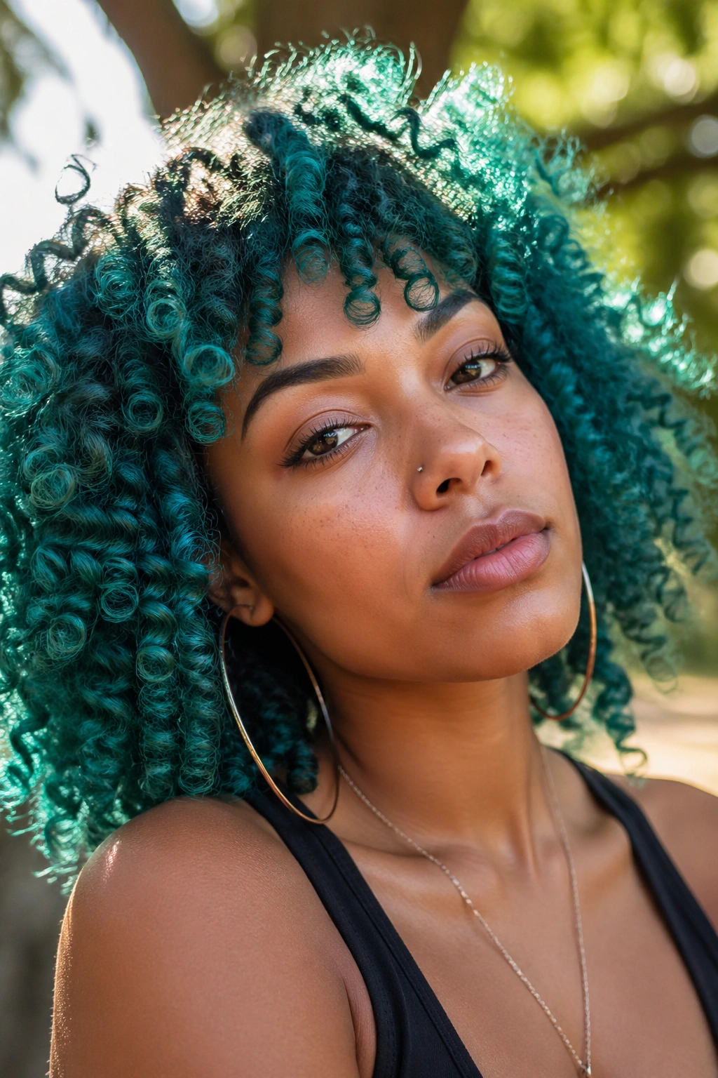 Close-up of a real woman with teal curls catching varying light