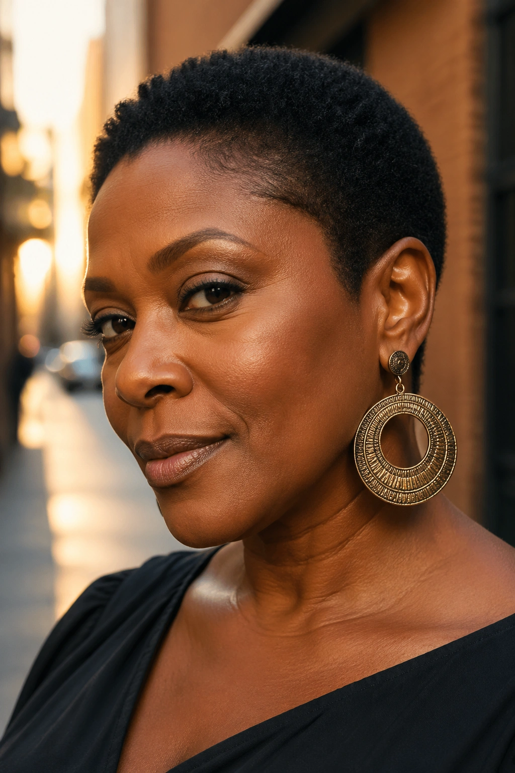 Close-up of a tiny afro on a real woman with bold earrings