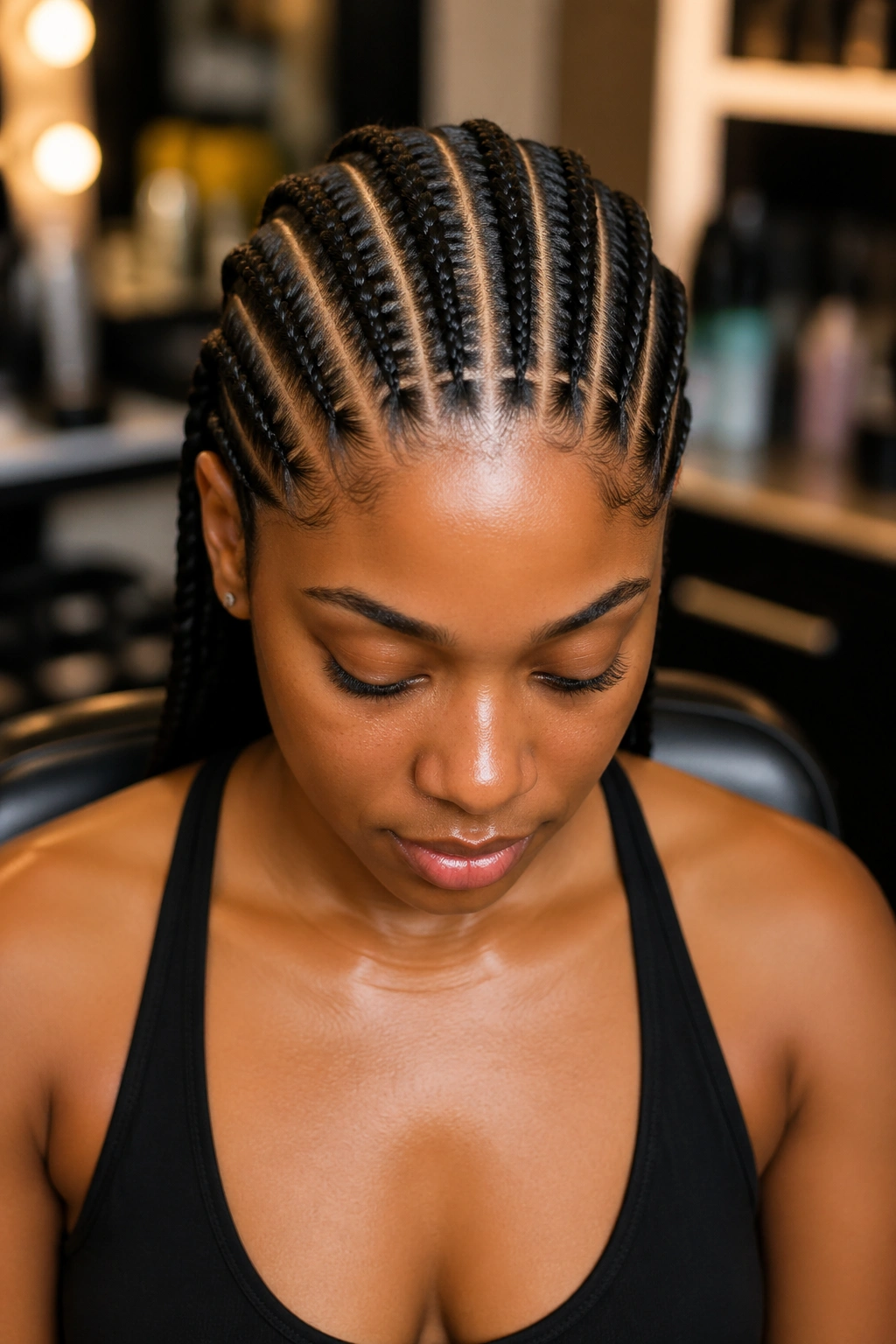 Close-up portrait of a real woman with ten straight-back cornrows in a warm salon setting