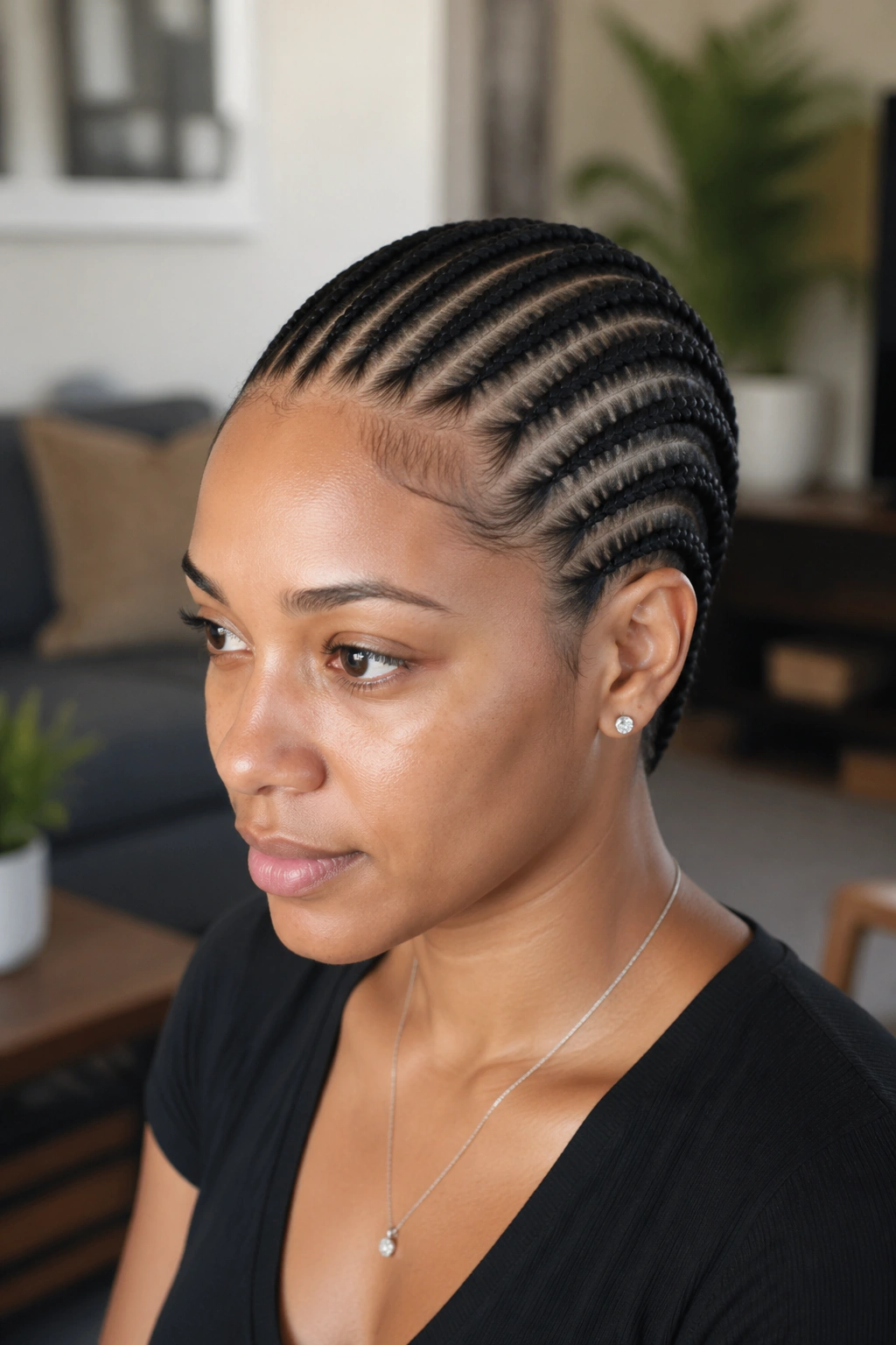 Close-up portrait of a real woman with ten tiny straight-back cornrows from hairline to nape.
