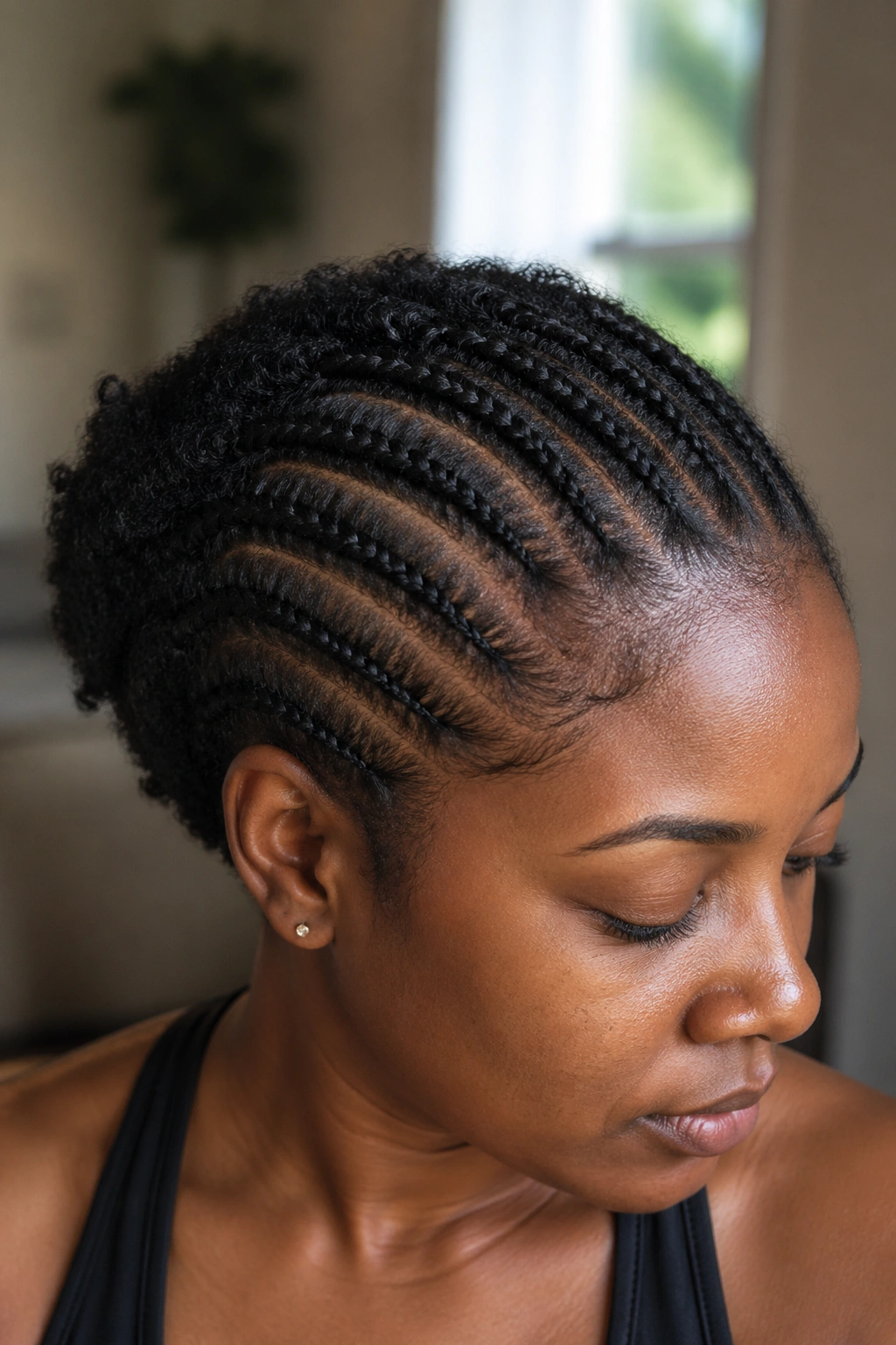 Close-up of a real person with 4C hair in cornrows showing visible scalp tension lines.