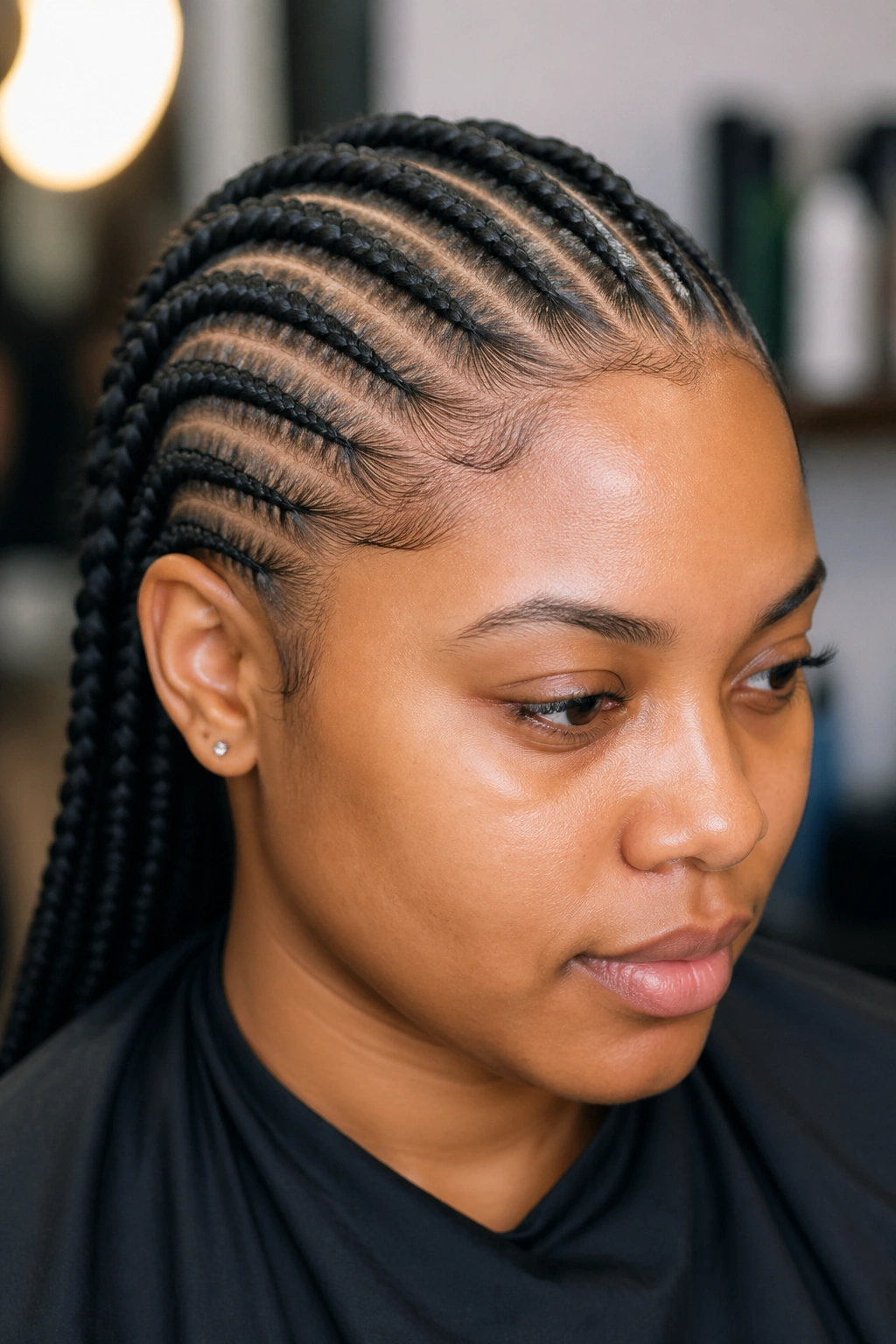 Close-up of a real woman with feed-in cornrows showing relaxed hairline and calm expression