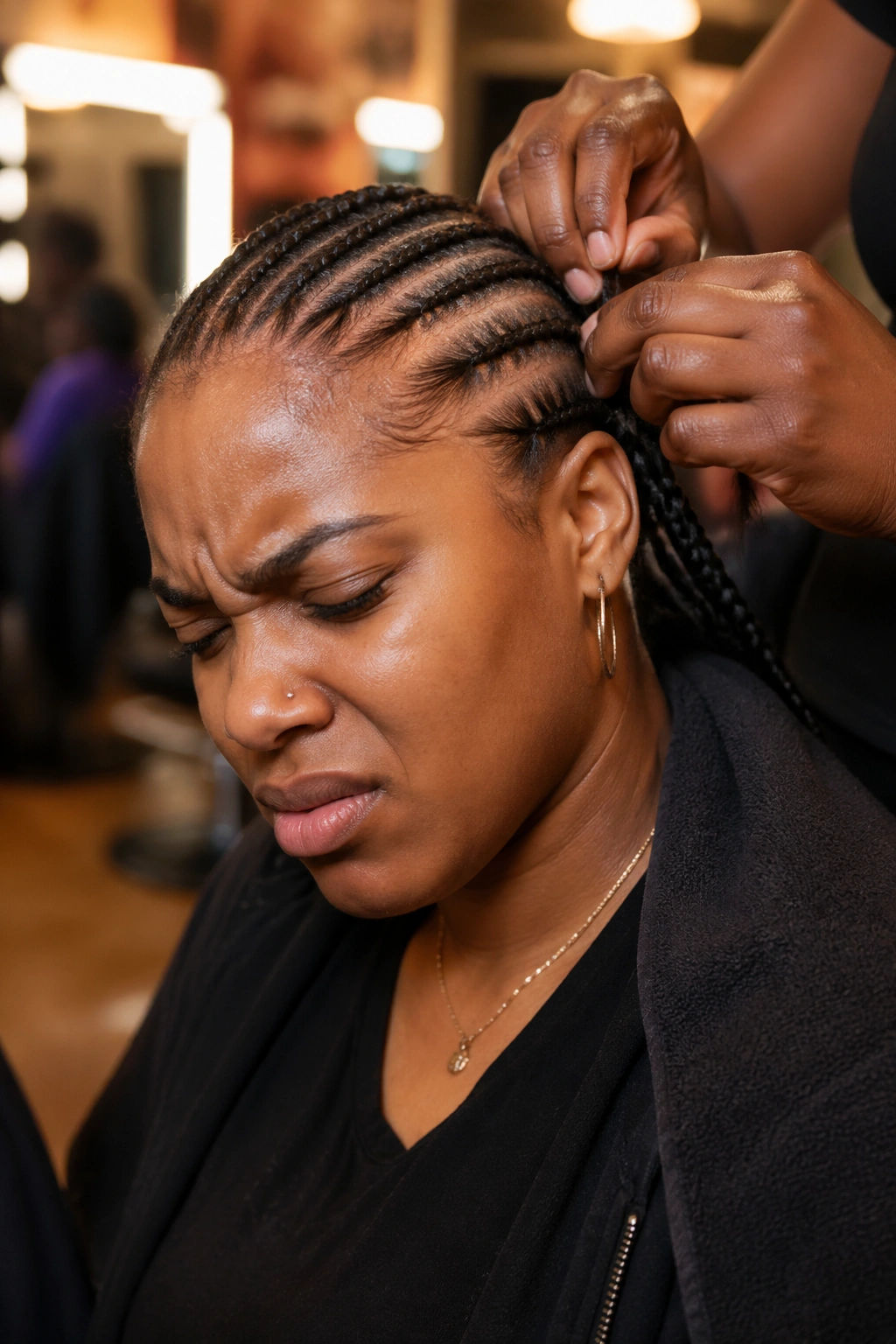 Close-up of a woman's head with cornrows and subtle discomfort during braiding