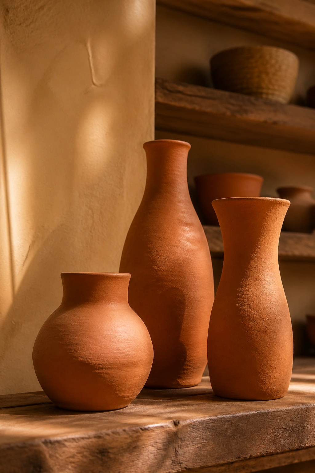 Unglazed terracotta pottery pots arranged on a wooden mantel.
