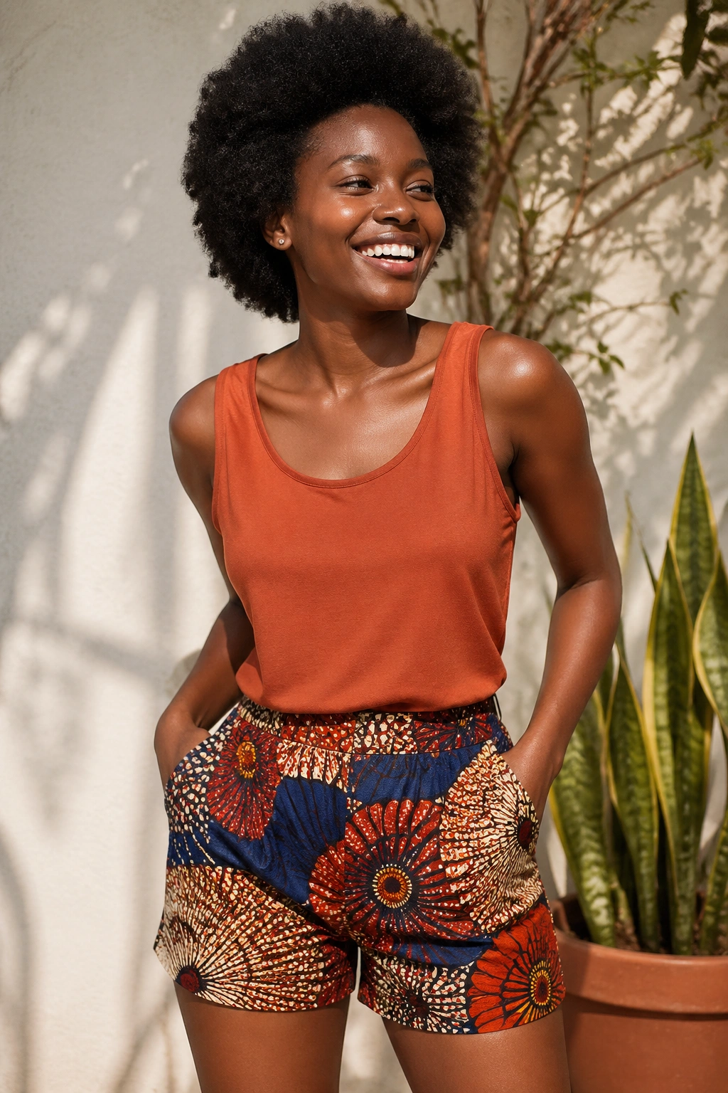 Mid-shot portrait of a person in a terracotta top and printed shorts outdoors in warm light