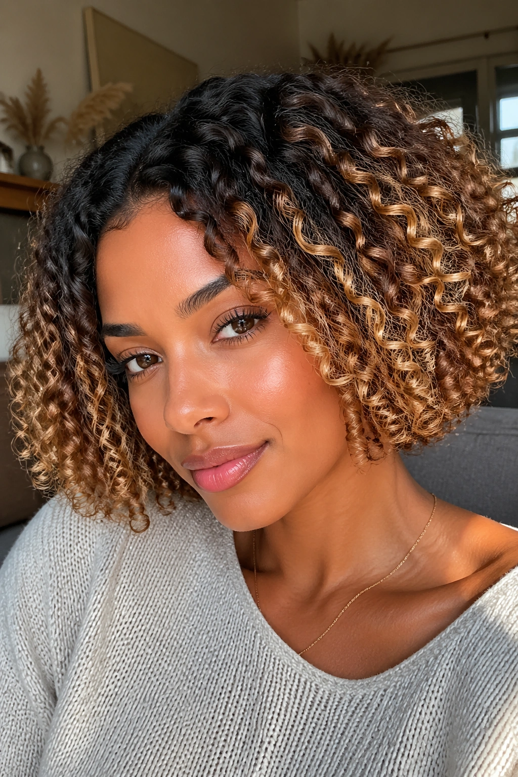 Close-up of a real woman with a textured curly bob and balayage highlights