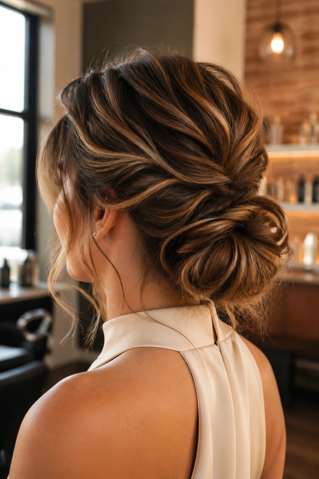 Real woman wearing textured chignon with loose ends seen from behind