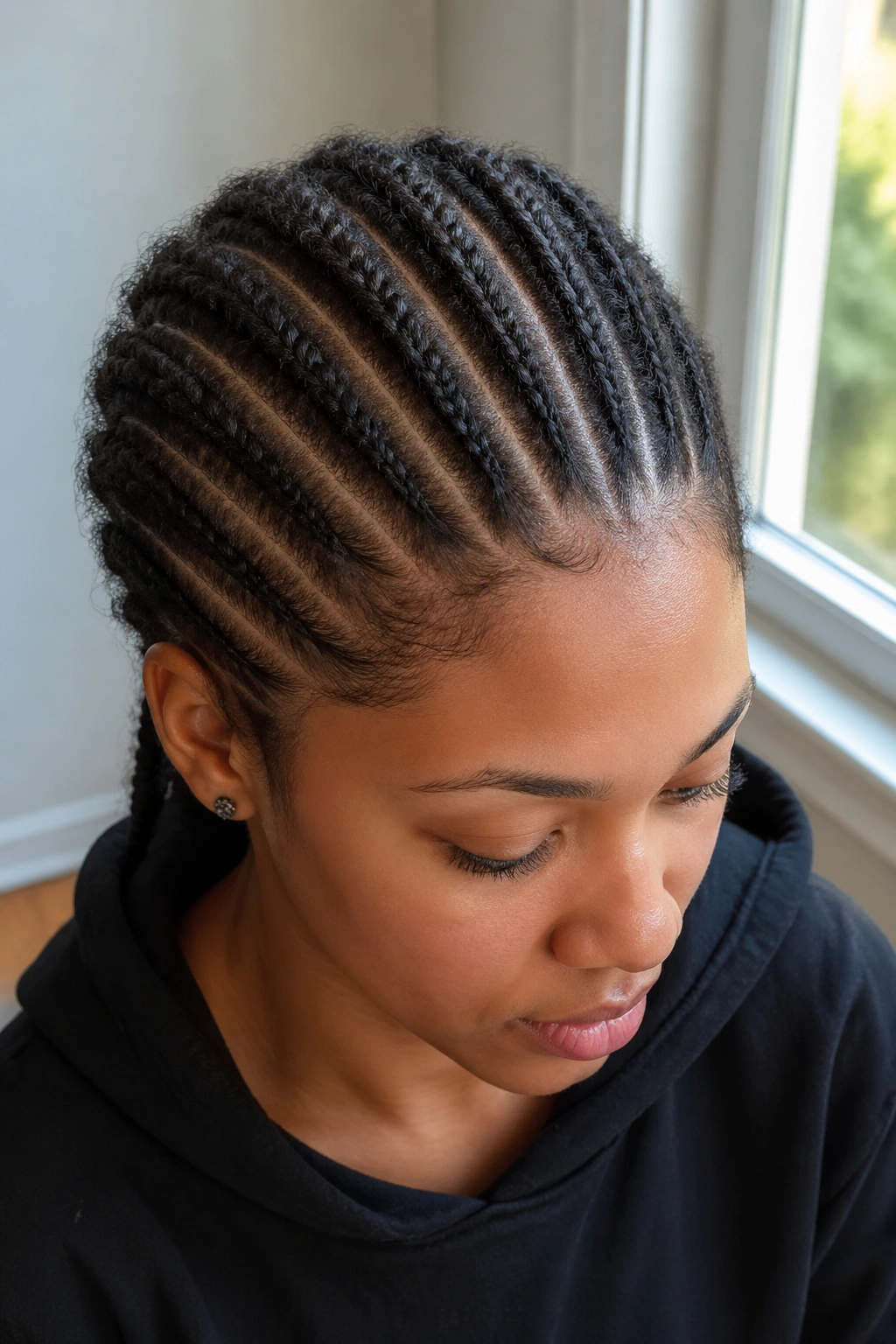 Close-up of twelve cornrows with a fluffy textured finish on a real person.