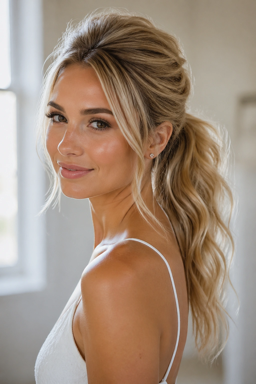 Close-up of textured ponytail on fine hair