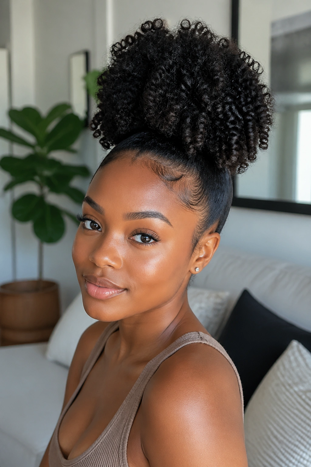 Close-up of a woman with a textured puff showing defined curls.