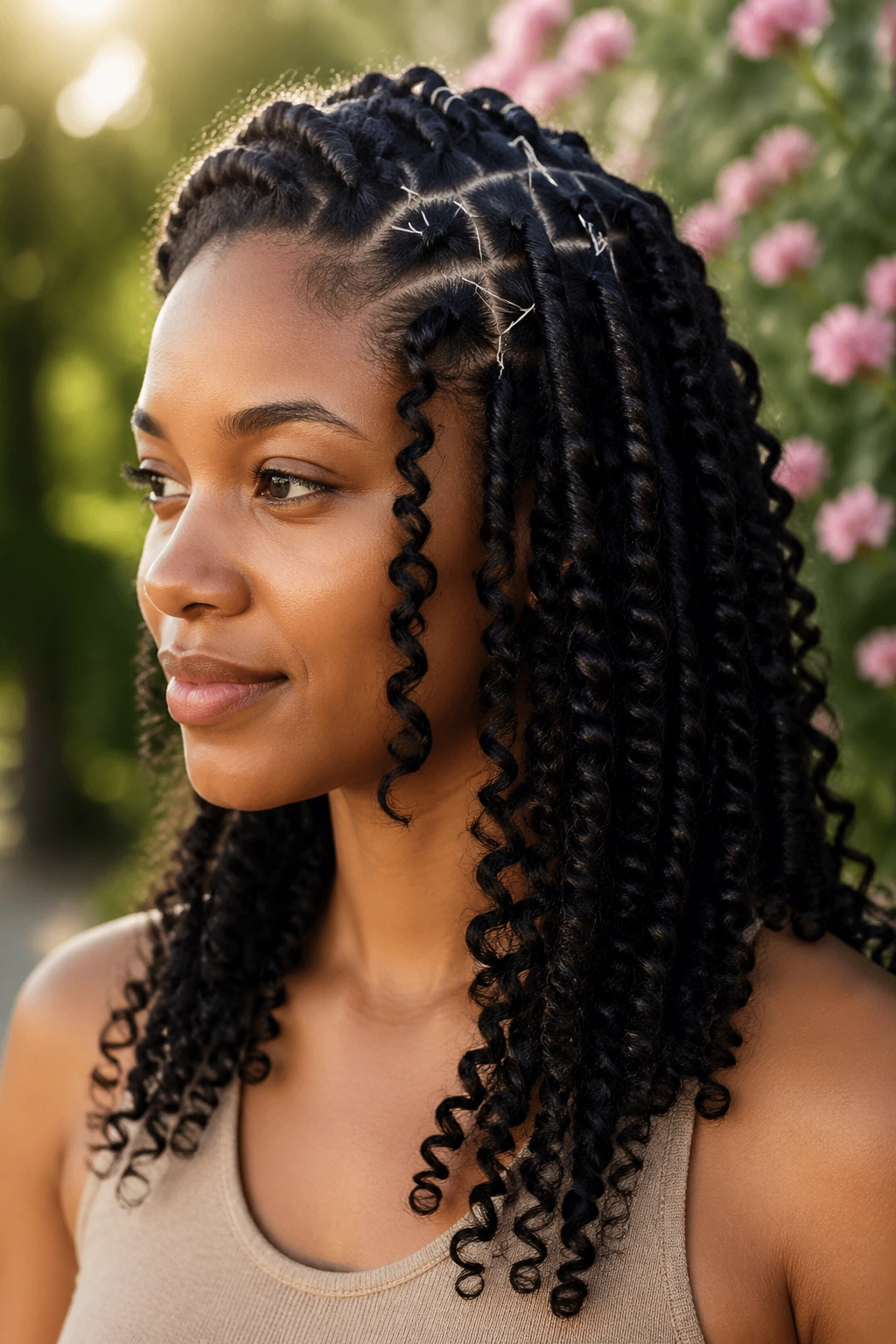 Close-up of a woman with thread-styled defined curls.