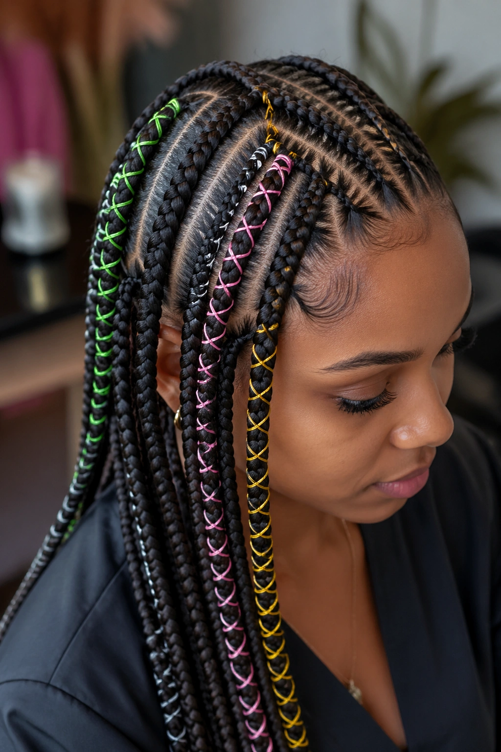 Close-up of a real woman's head showing thread-wrapped cornrows in a salon