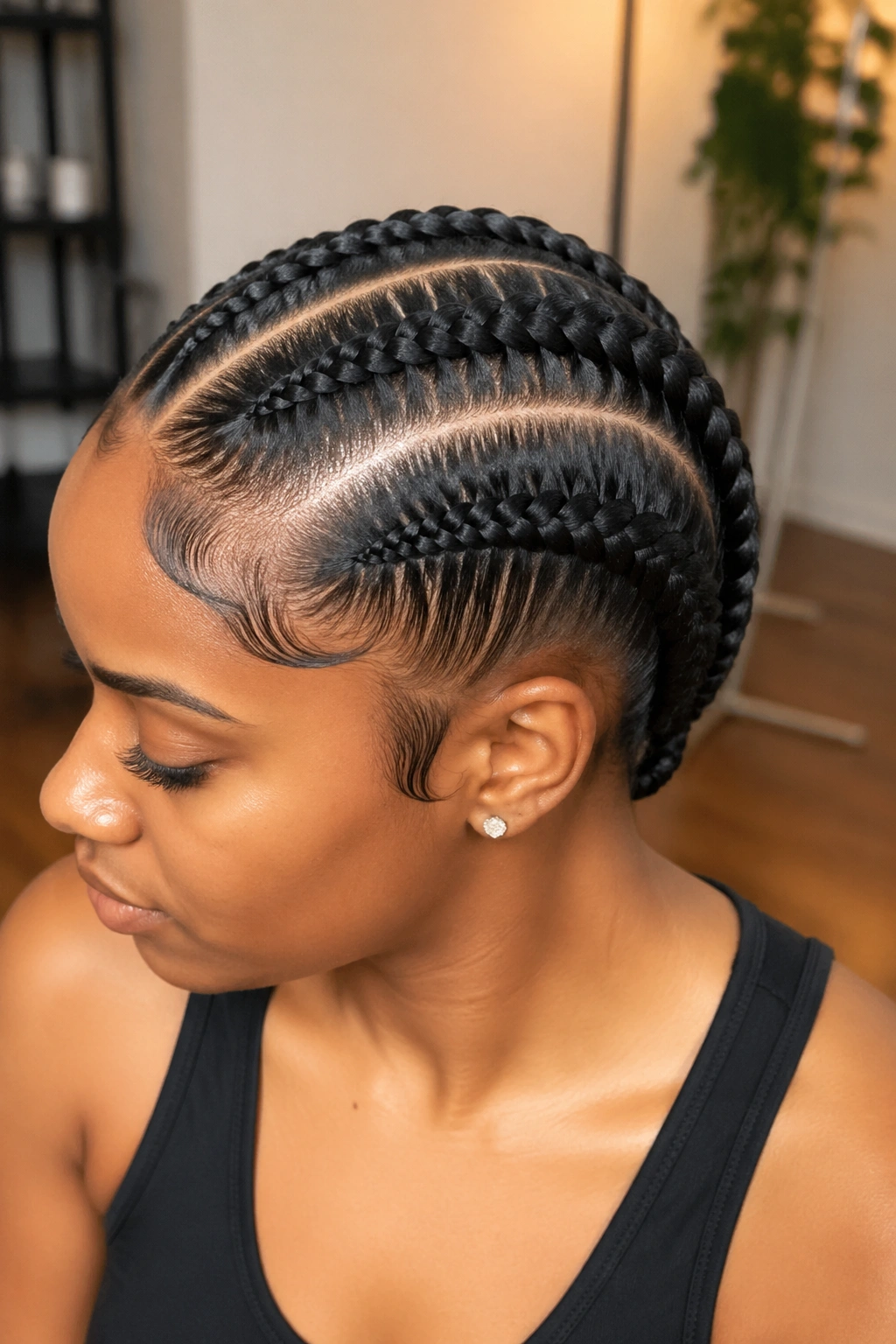 Close-up portrait of a real woman with three chunky straight-back cornrows from hairline to nape.