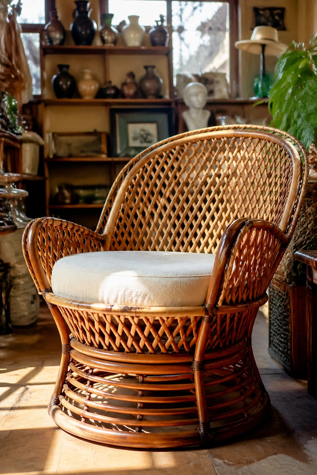 Vintage rattan chair in a sunlit thrift store setting