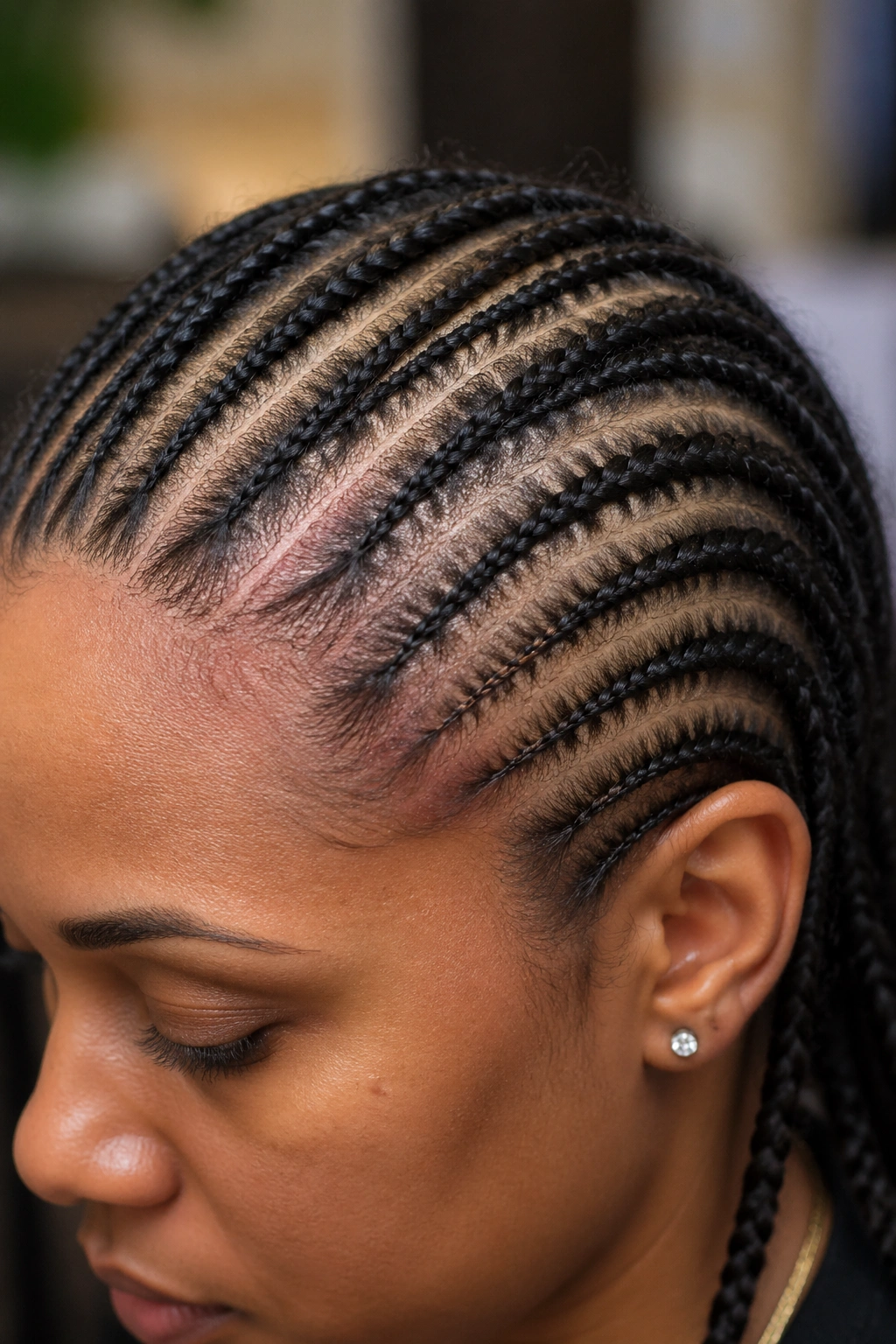 Close-up of scalp showing tension in tight cornrows