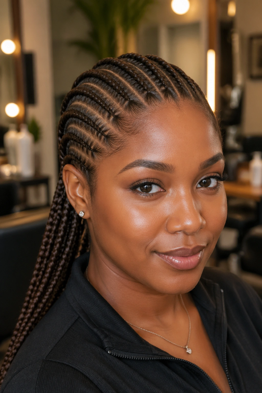 Close-up of real person with tight-stitch chocolate brown cornrows showing dense micro-texture