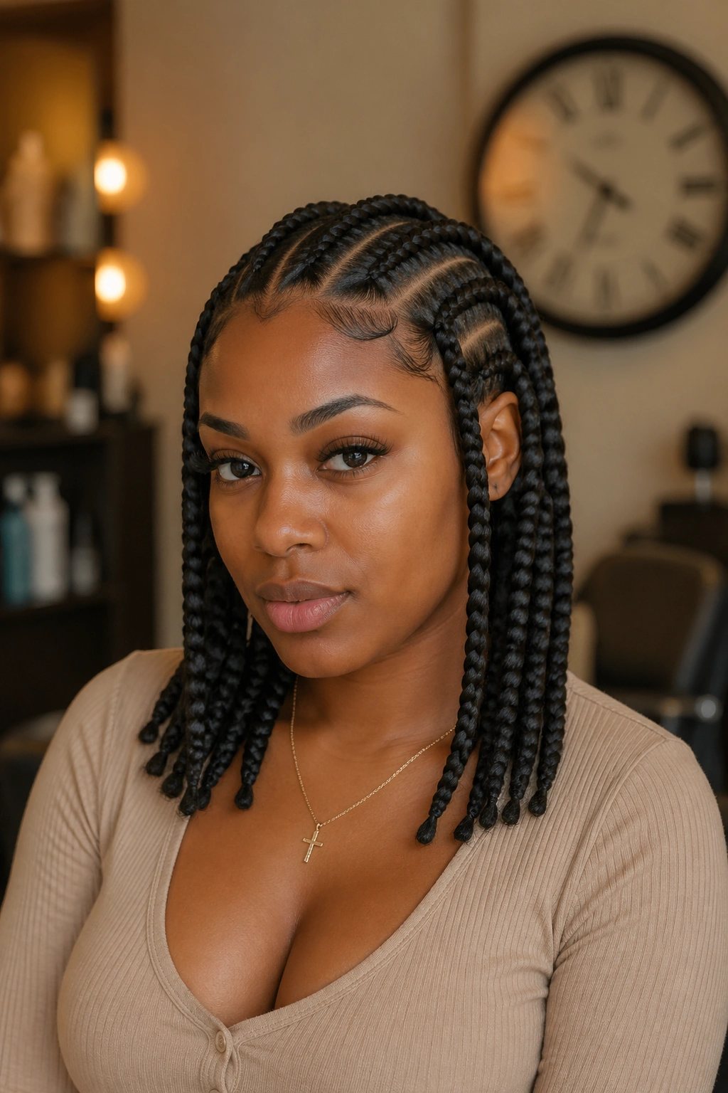 Portrait of a real woman with shoulder-length cornrows and a clock in the background suggesting planning time.