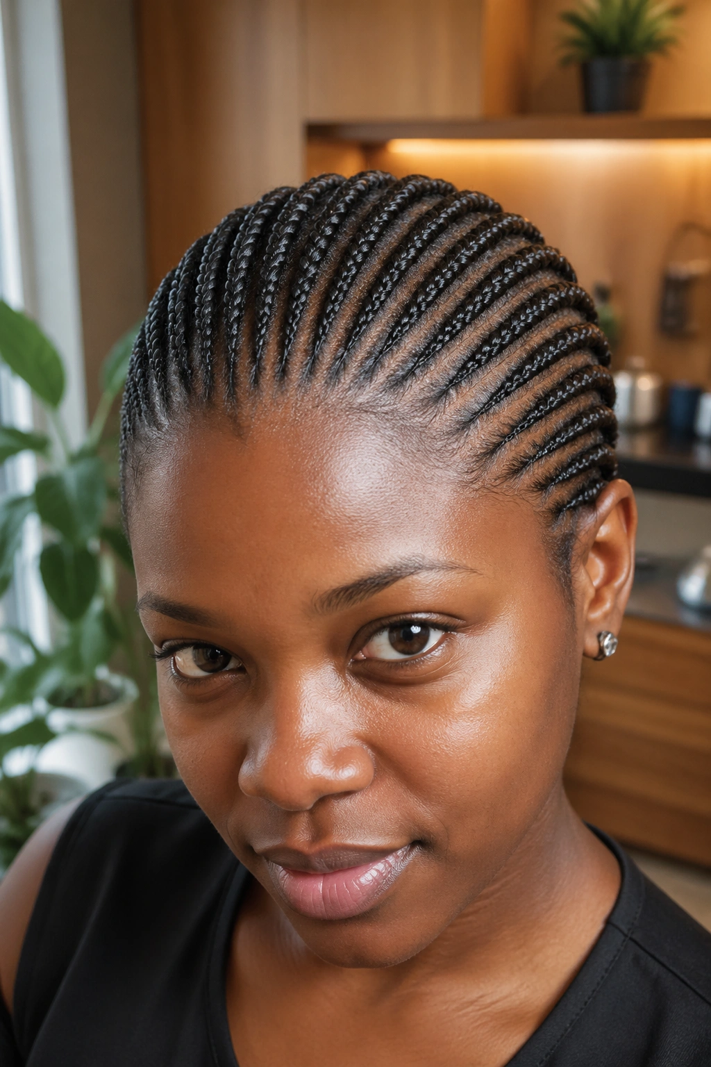 Real person with numerous tiny cornrows covering the scalp