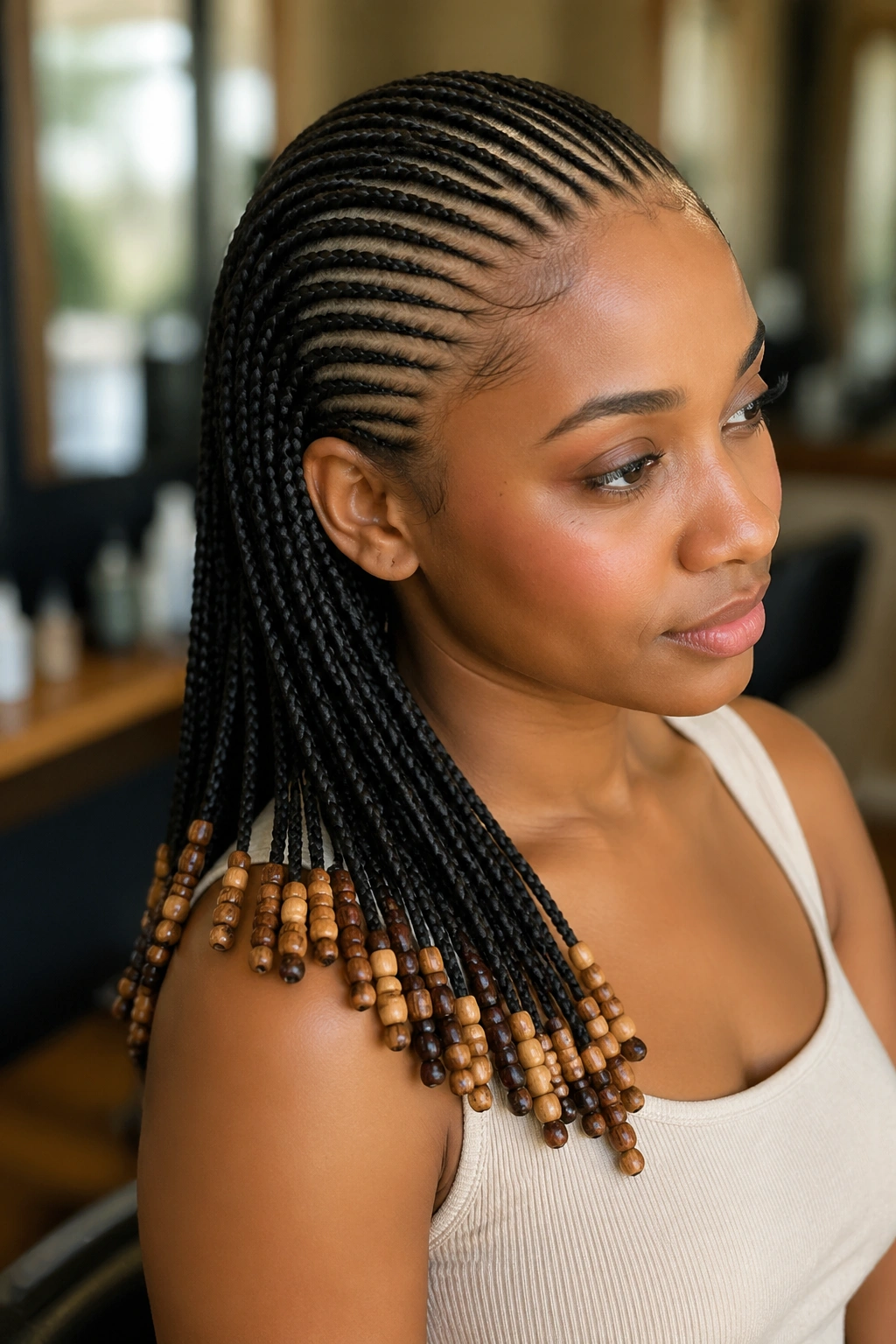 Close-up of a real person with twenty-five tiny cornrows ending in beads in a salon