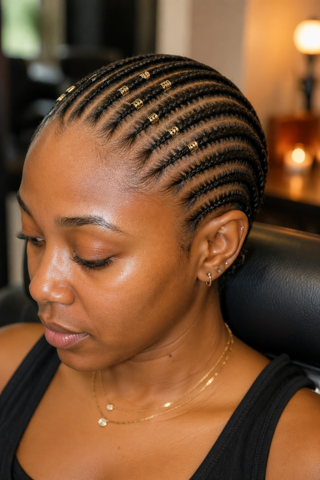 Close-up of real woman with tiny cornrows and metal cuffs across the scalp