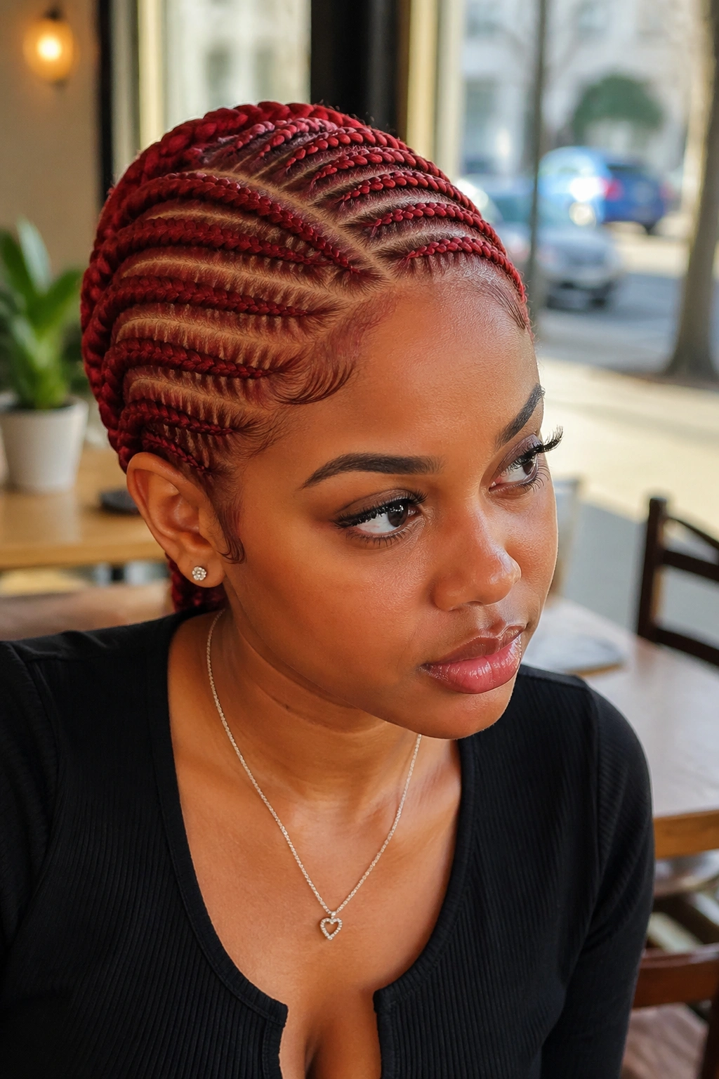Tomato red stitch cornrows with diagonal parting on a real woman