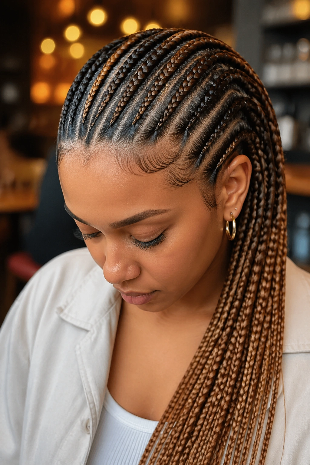 Close-up of tonal ombre cornrows in a single color family on a real person.