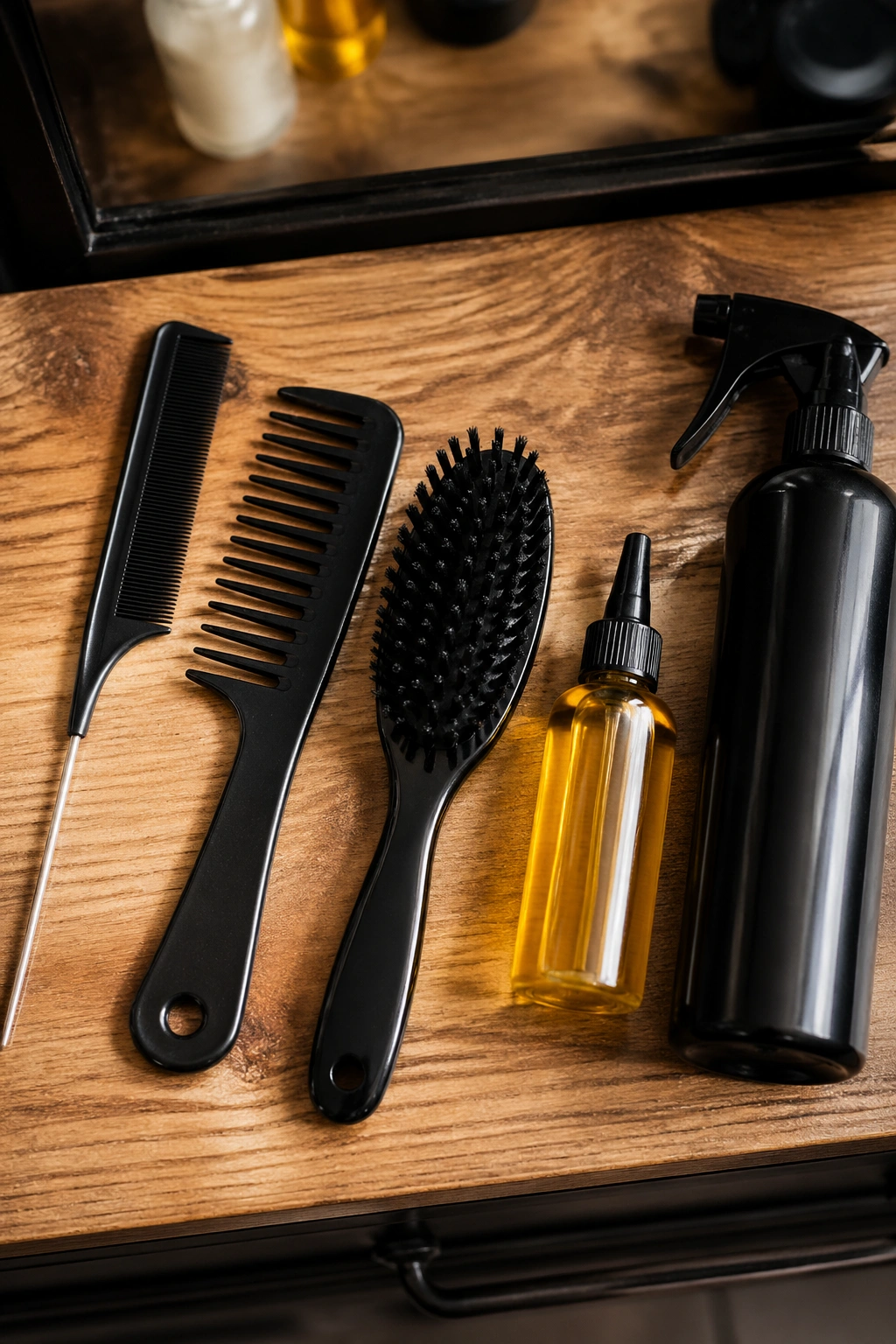Close-up of hair tools and products laid out on a wooden salon counter