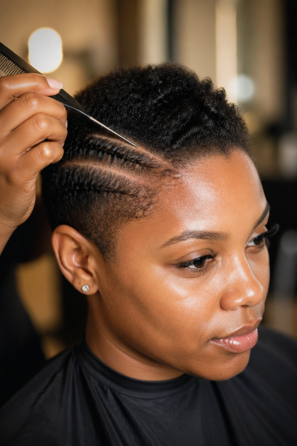 Close-up of head with short hair in a salon, with subtle hint of comb near scalp