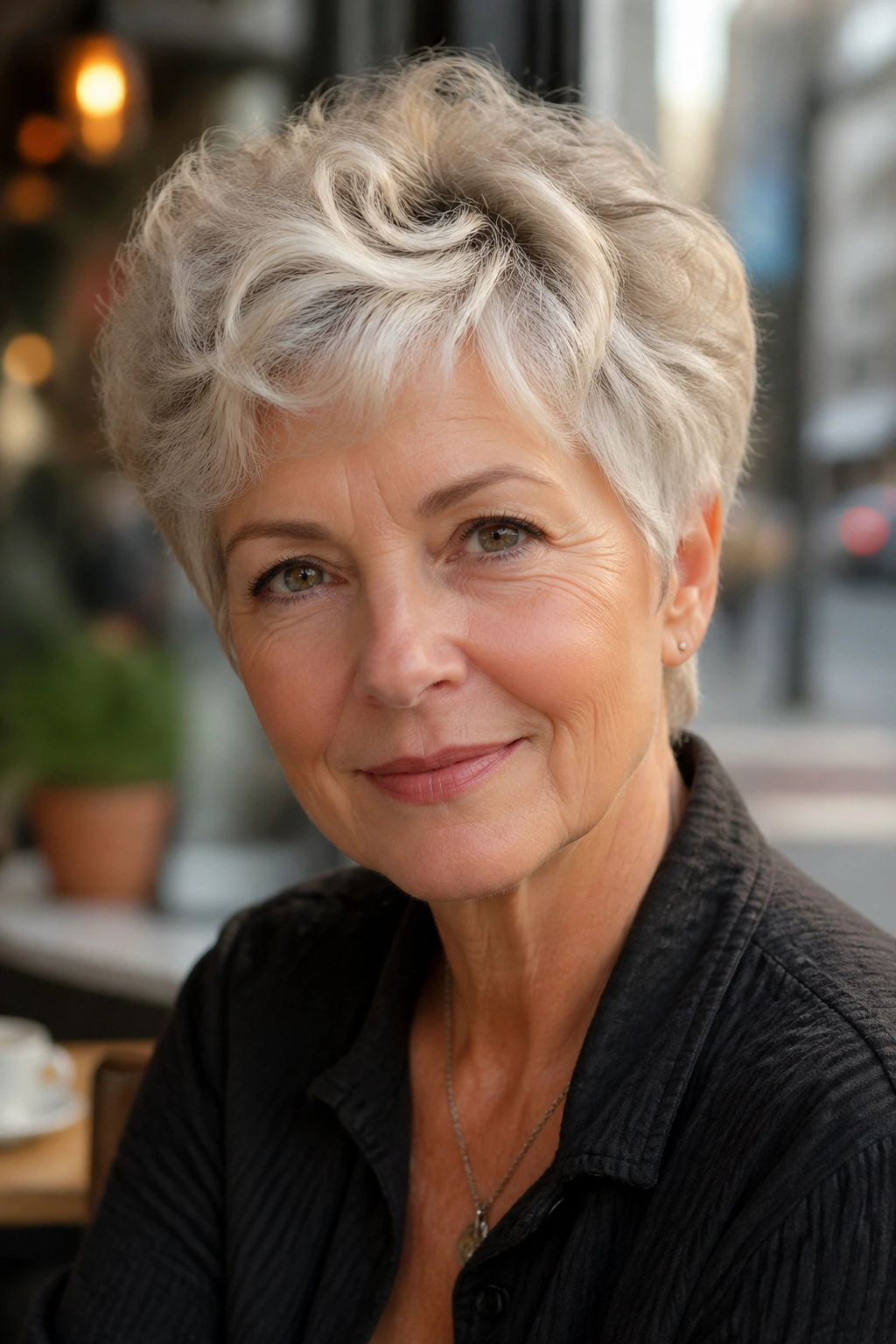 Close-up of a real woman with a tousled pixie wave hairstyle in sunlit cafe light