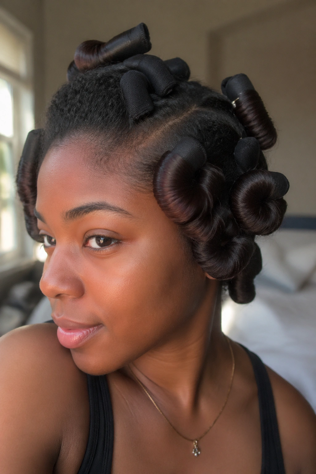 Real woman with transitioning hair and sock curls in a softly lit bedroom