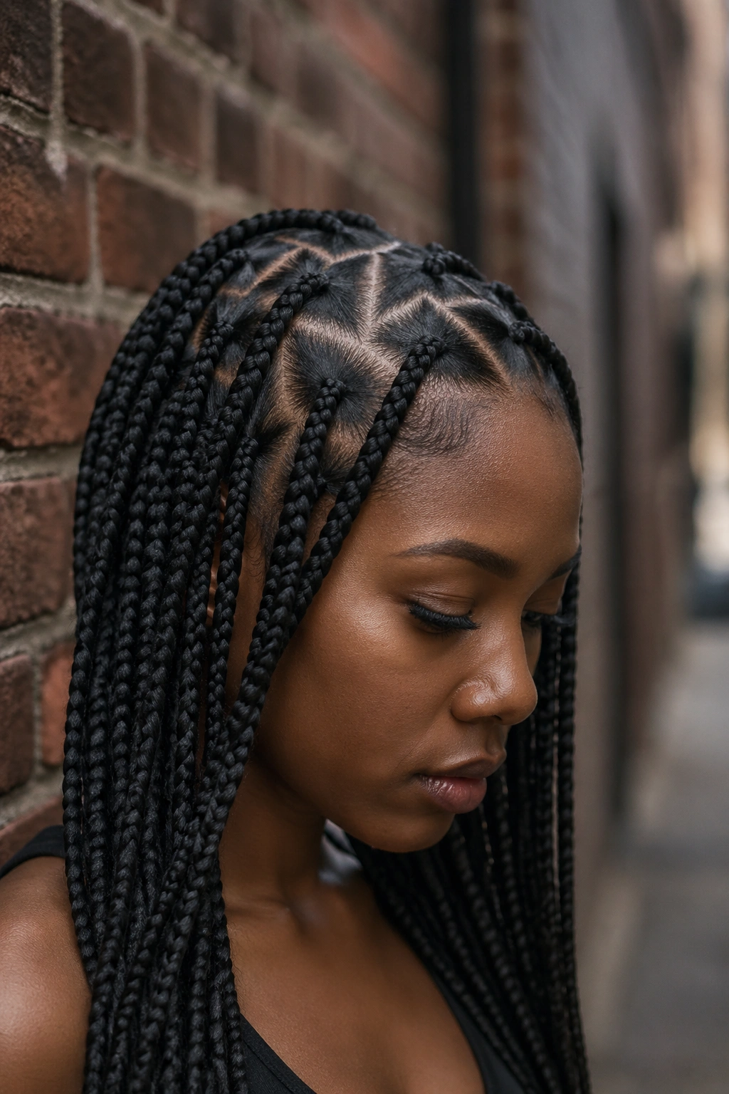 Real woman with triangle-parted box braids close-up portrait