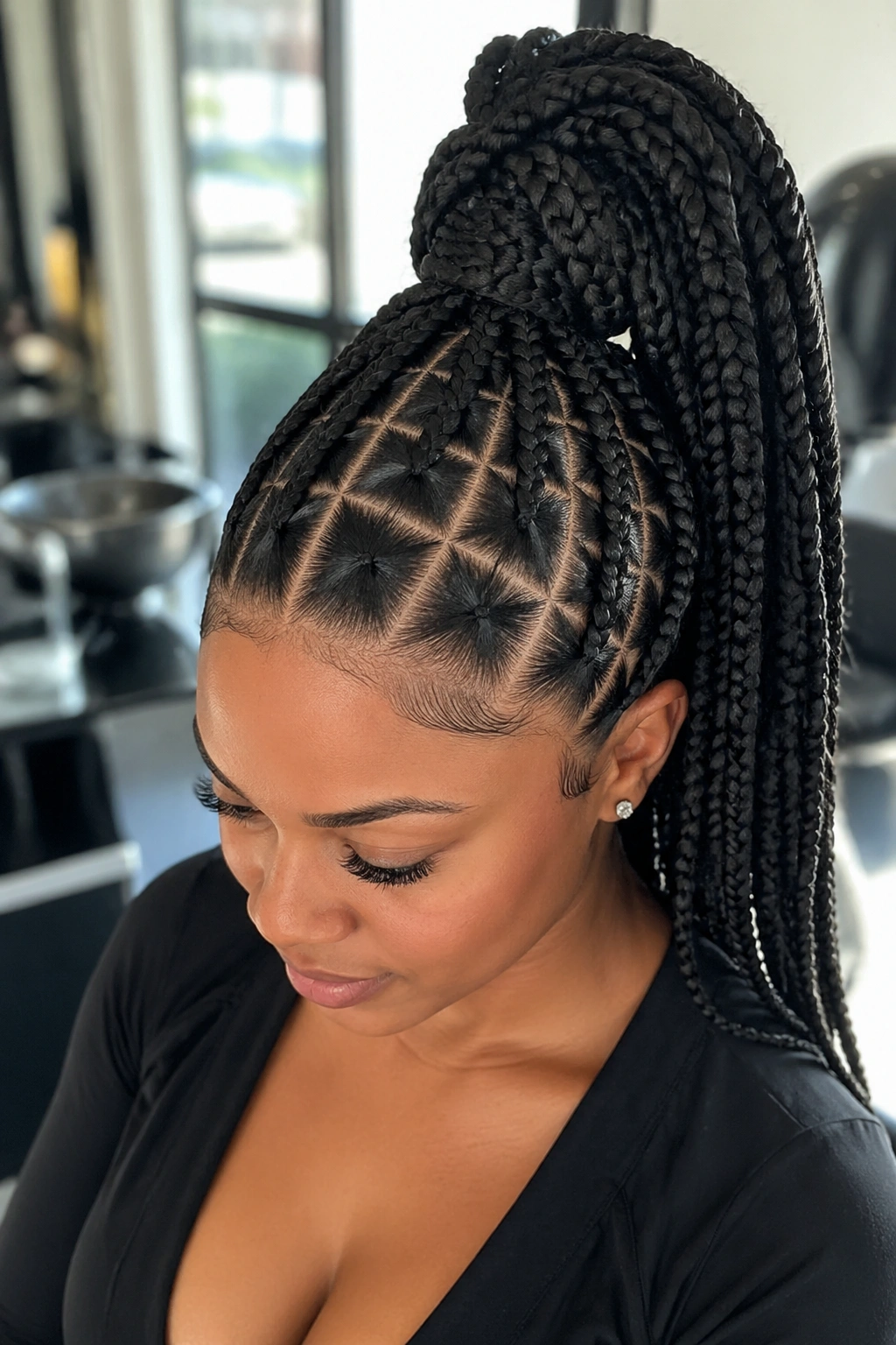 Close-up of a real woman with triangle-part ponytail showing triangular scalp partitions.