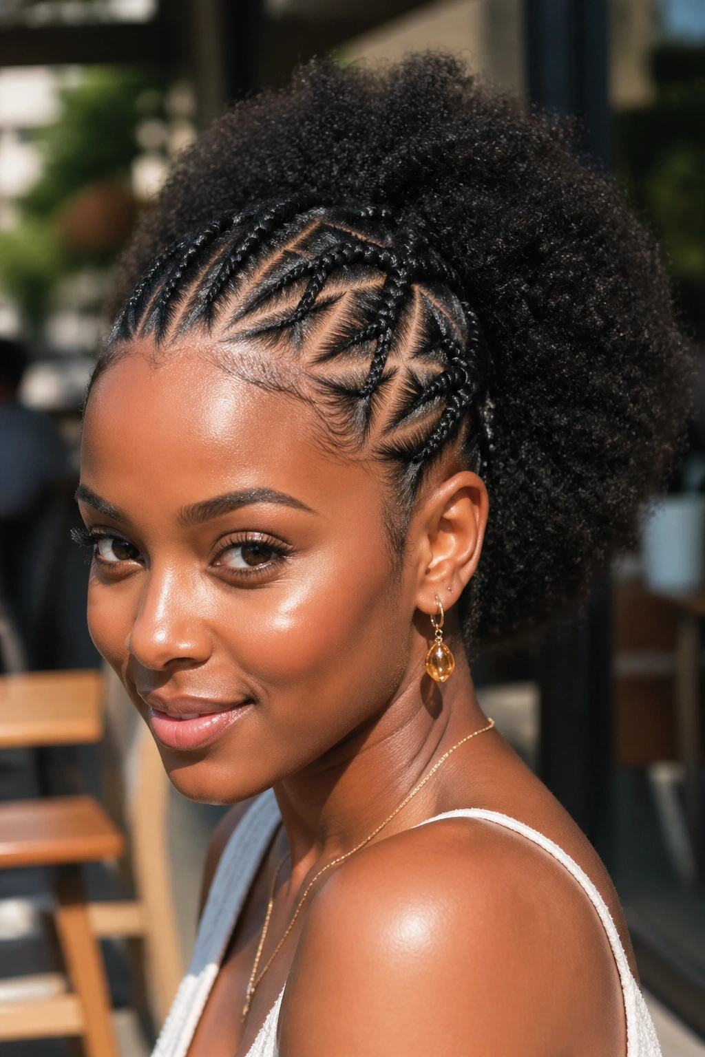 Close-up of a real woman with triangular braids on top and an afro at back, natural light