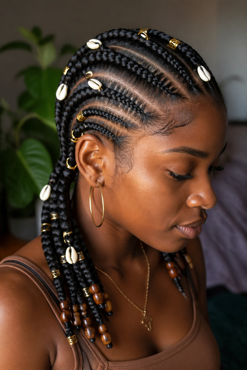Portrait of a real person with tribal big cornrows and shells beads