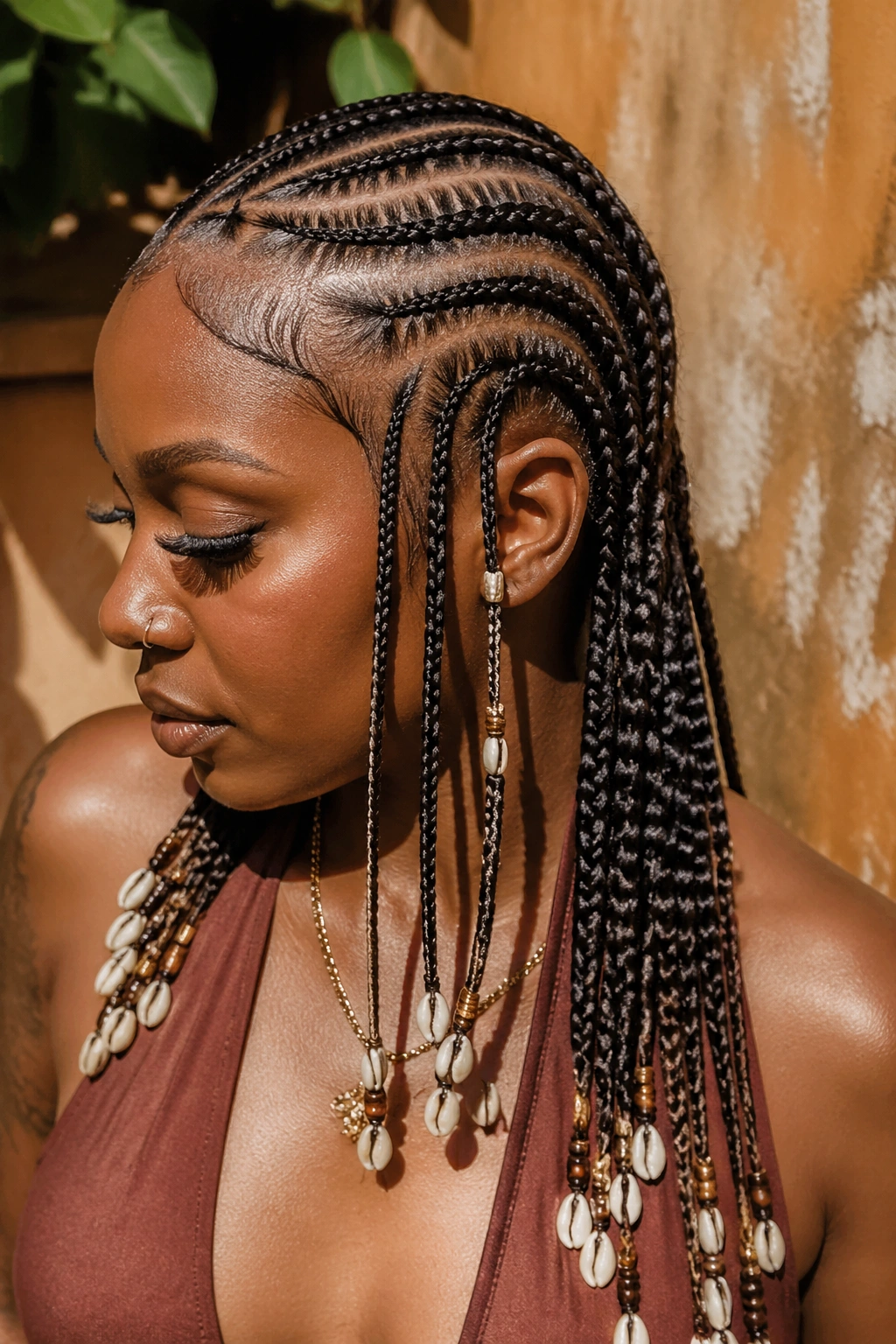 Portrait of a person with tribal feed-in cornrows and accent braids