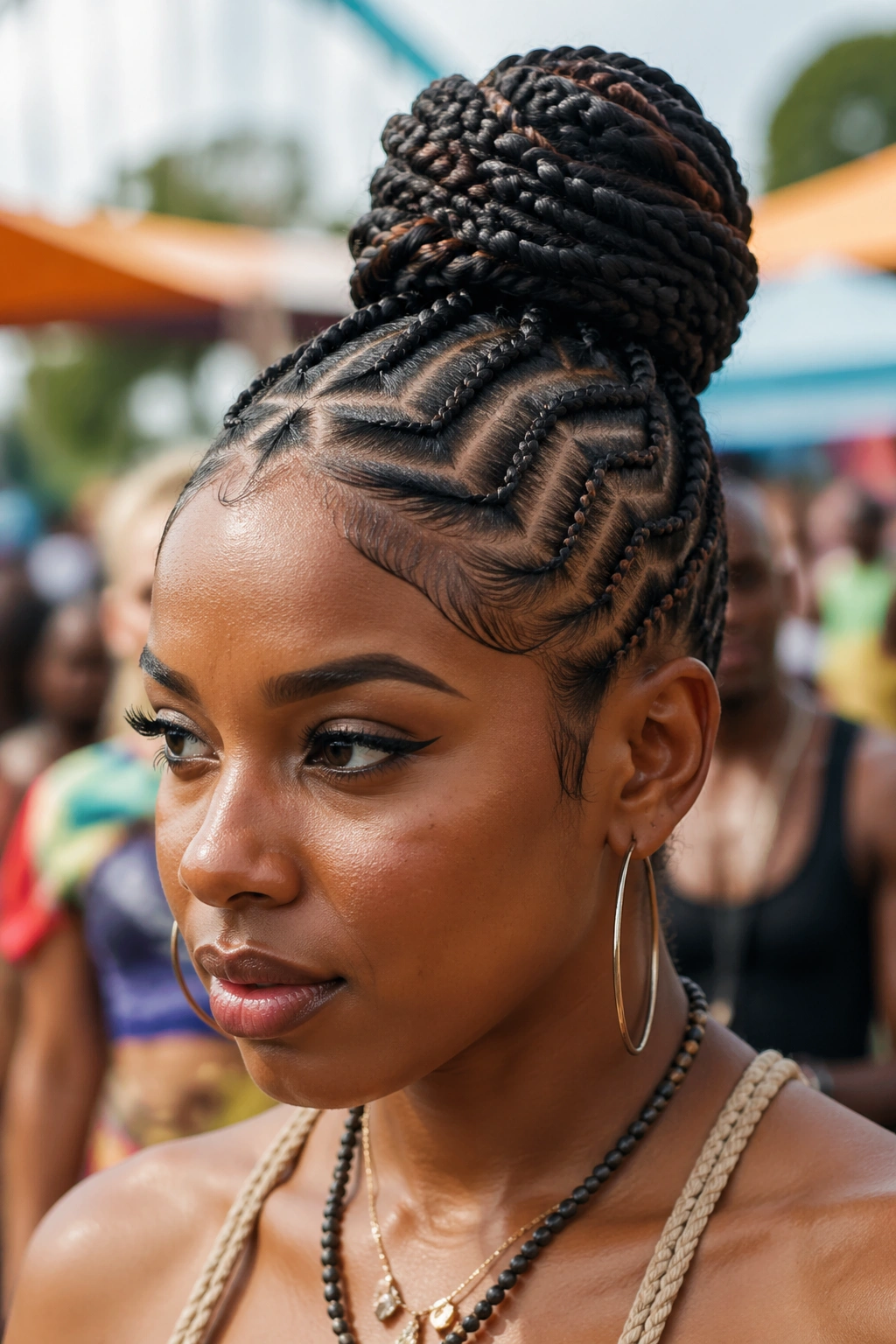 Portrait of woman with tribal-part bun silhouette and visible parting pattern.