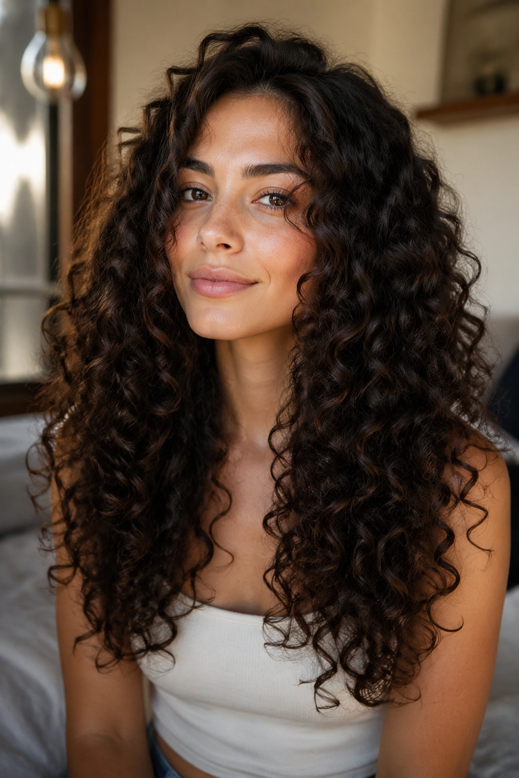 Portrait of a woman with long curly hair showing trimmed perimeter.