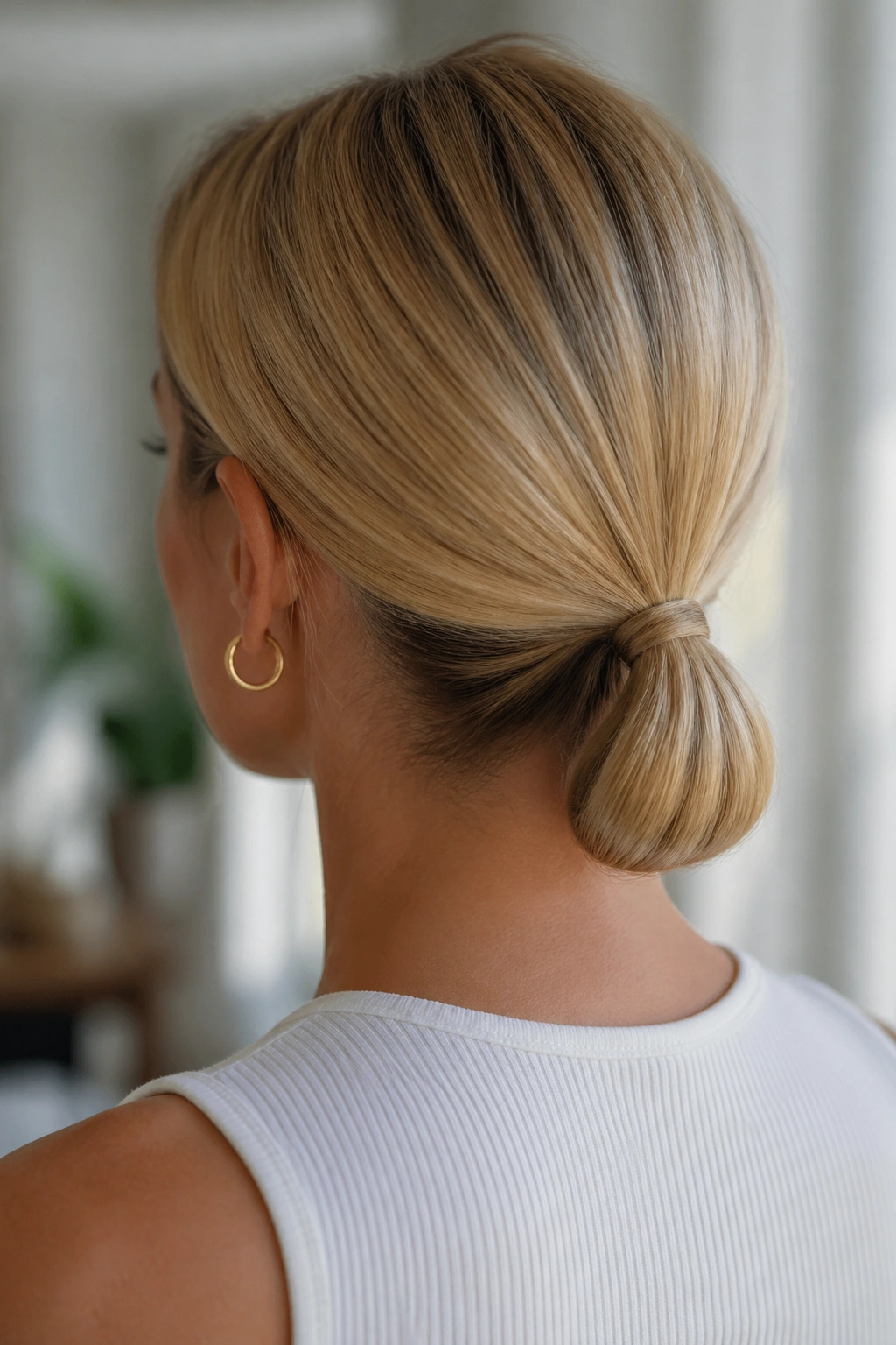 Back view of tucked-in tail ponytail on real woman with blonde hair