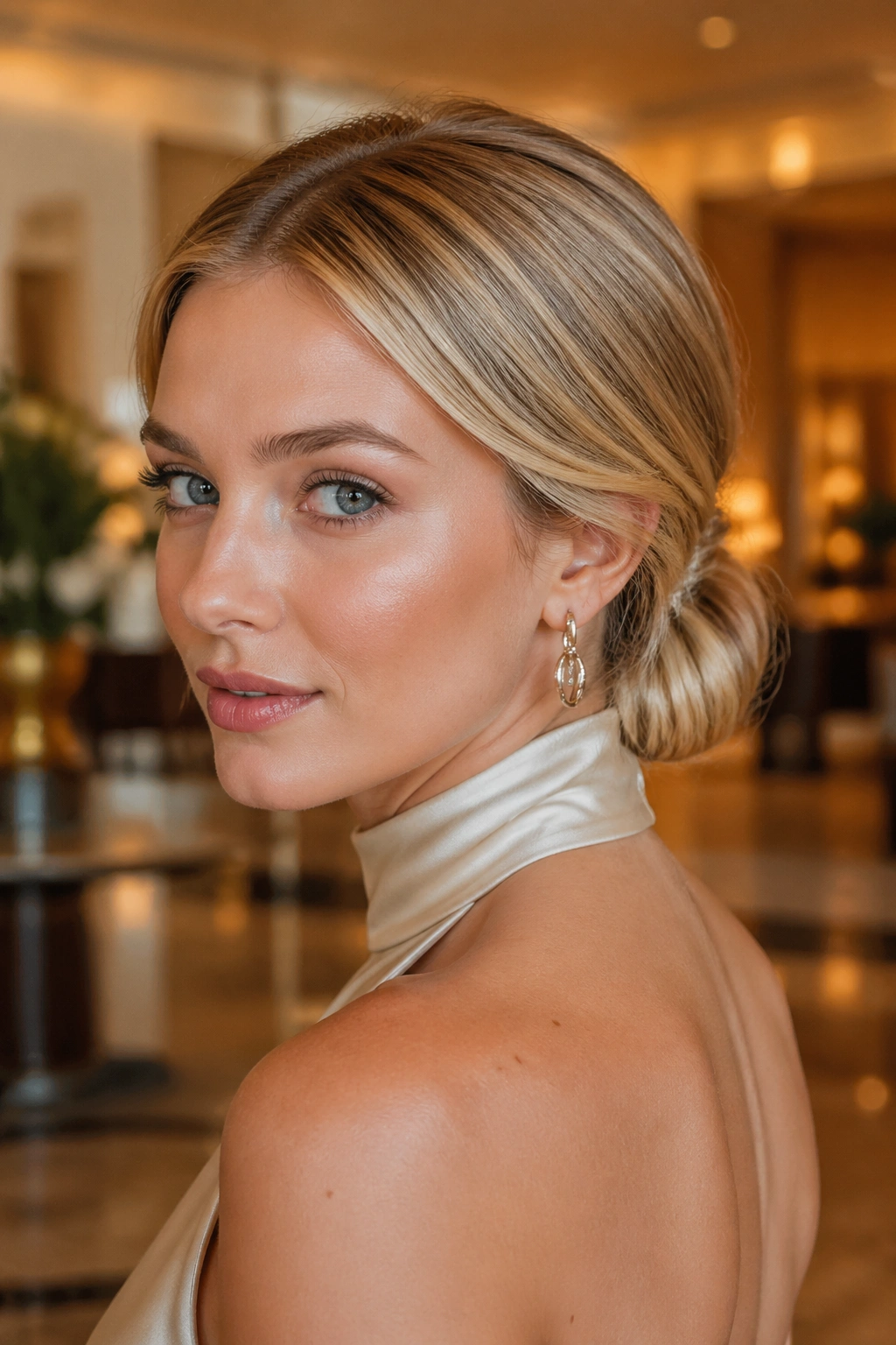 Close-up portrait of a real woman with tucked-under blonde low ponytail.
