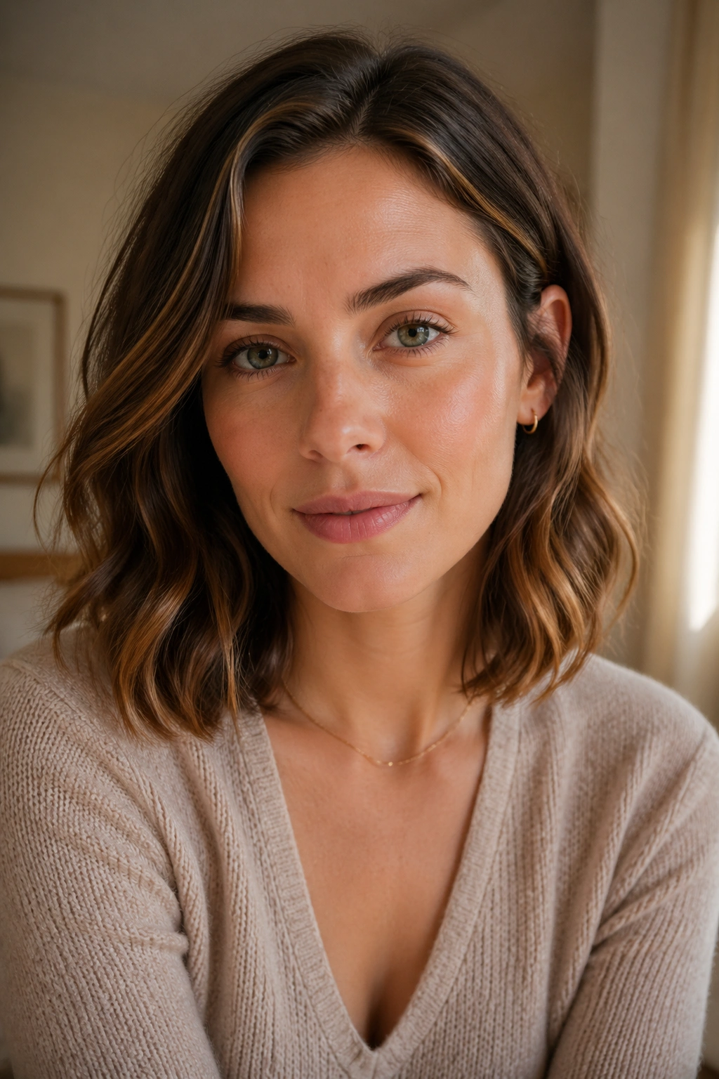 Close-up of a real woman's tucked wavy lob hairstyle with front sections behind the ears