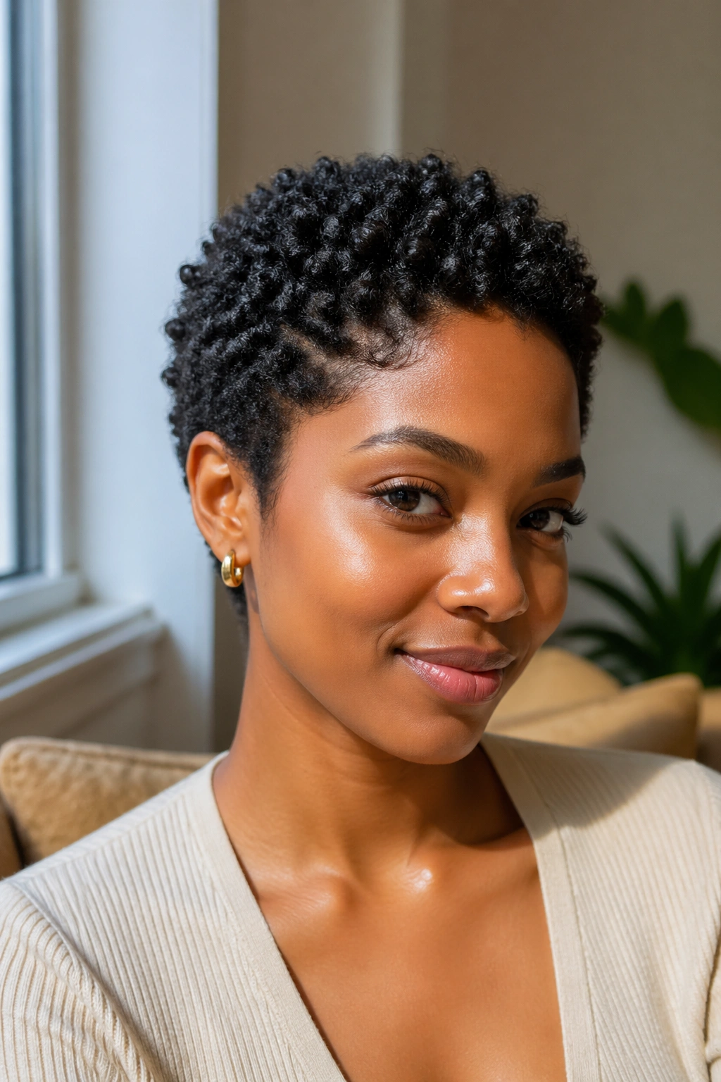 Close-up of a real person with Teeny Weeny Afro curls.