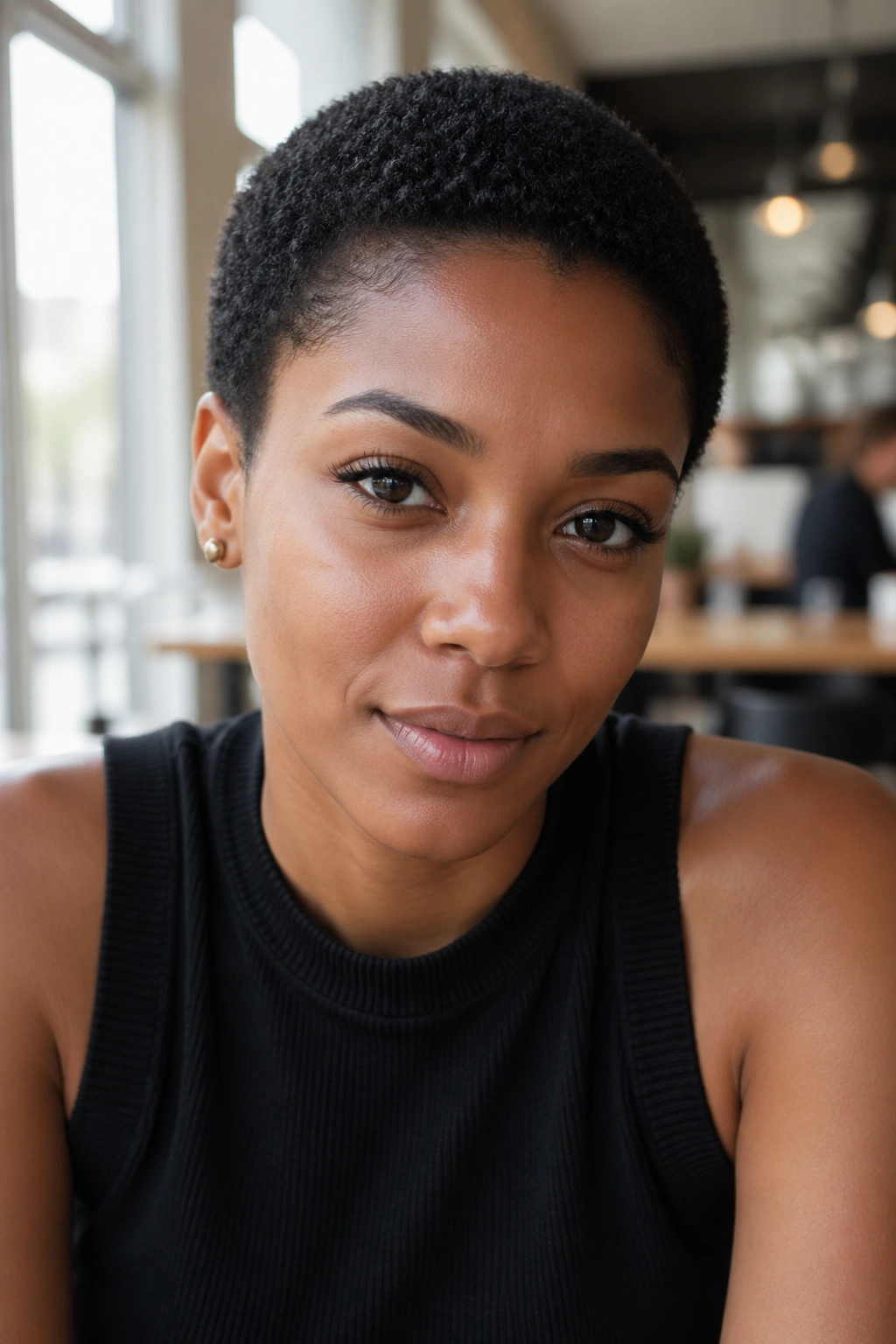 Close-up portrait of a woman with a Teeny Weeny Afro