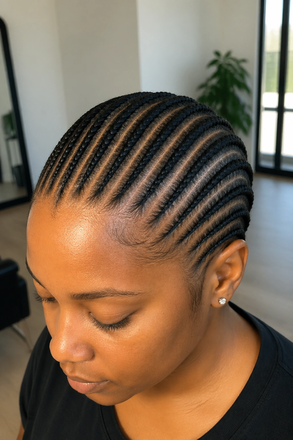 Close-up of twelve small cornrows running back on a real person's head.