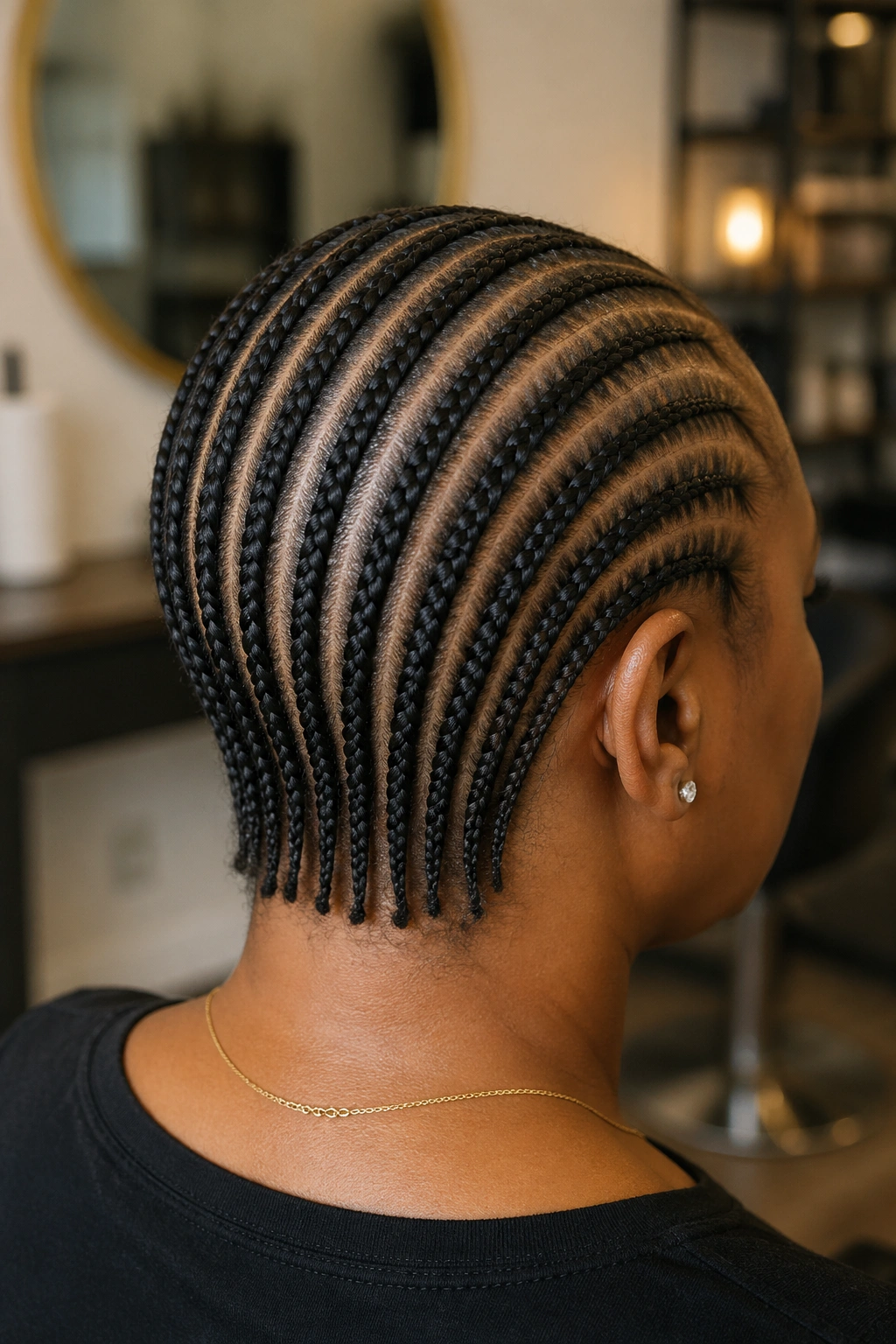 Back-of-head view showing twelve small cornrows from hairline to nape