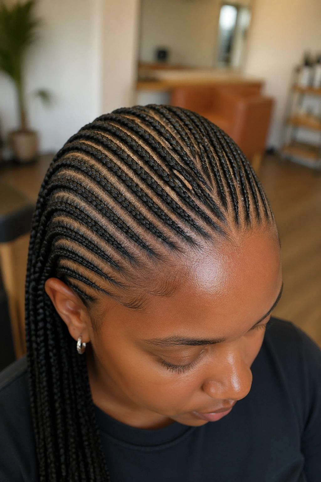 Close-up of scalp with twelve thin feed-in cornrows forming a micro pattern.
